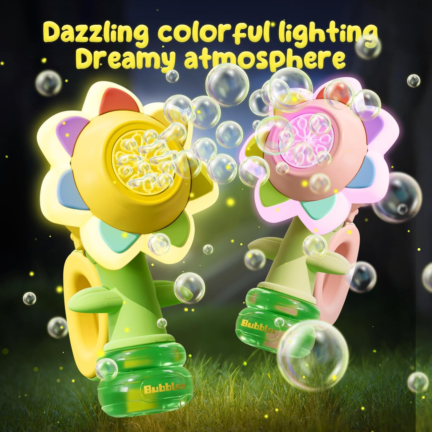 2 Pack Rechargeable Flower Bubble Guns for Kids W/LED Lights & 10 Refill Solutions, Fun Swing Dance Bubble Maker Machine Blower Blaster Toys,Outdoor Summer Play, Easter, Birthday Party Favors & Gifts image number 5