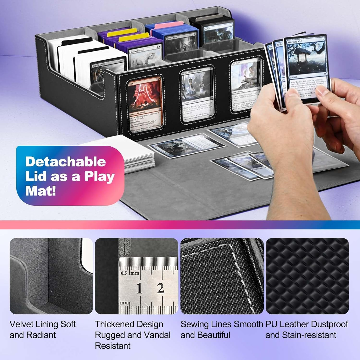 Cardnovux Trading Card Storage Box with Commander Display; 2400+ Deck Box for MTG with Removable Cover; Toploader Card Case Fits Magic TCG PTCG Sports Cards; 24 Dividers, 4 Stoppers (Black & Grey) - Black  Grey image number 3