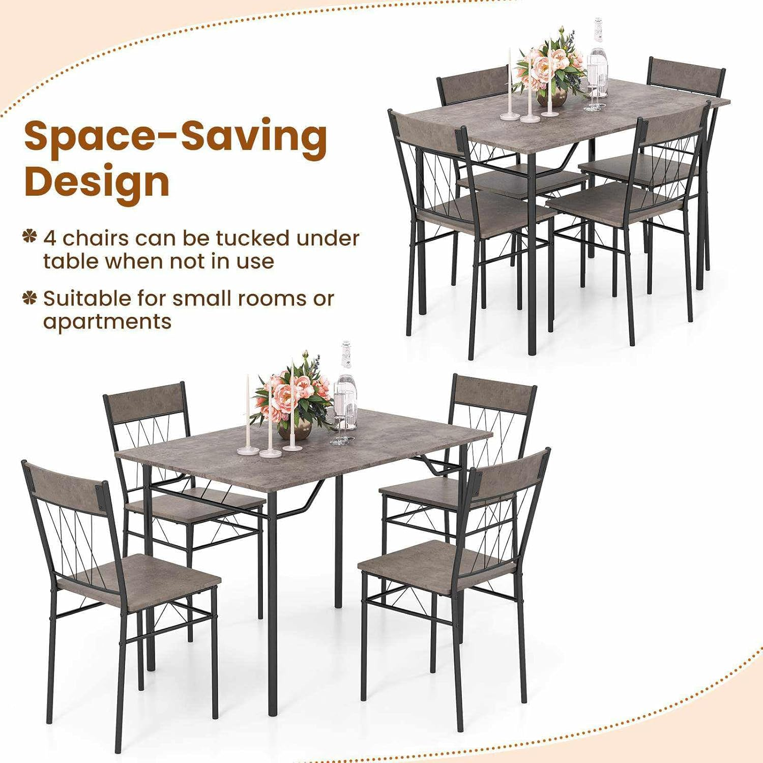 Giantex 5Pcs Dining Table Set for 4, Modern Kitchen Dining Room Furniture Set W/Kitchen Table, 4 Dining Chairs, Metal Frame, Space-Saving Dinette Set for Small Place Home Office Breakfast Nook (Grey) image number 1
