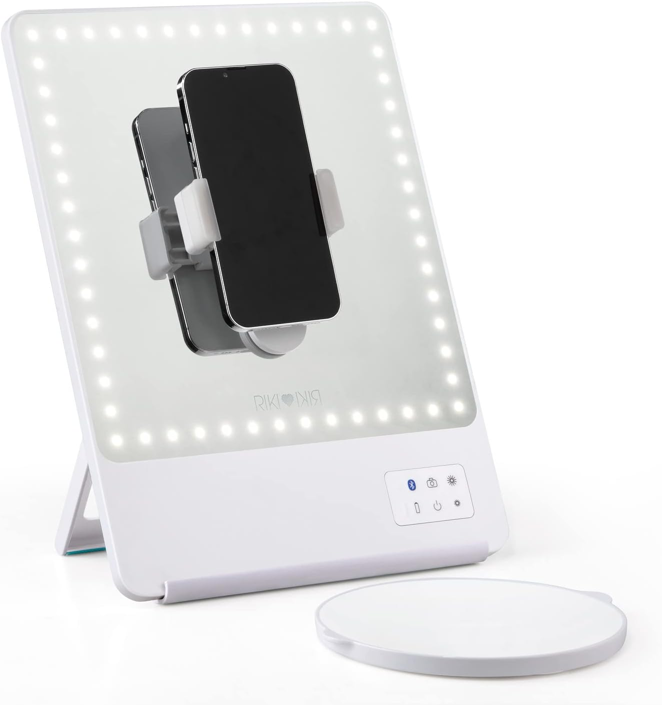 Riki Skinny Smart Vanity Mirror with HD Leds, Magnifying Mirror Attachment, Phone Holder and Bluetooth Control (5X Magnification, Champagne Gold)