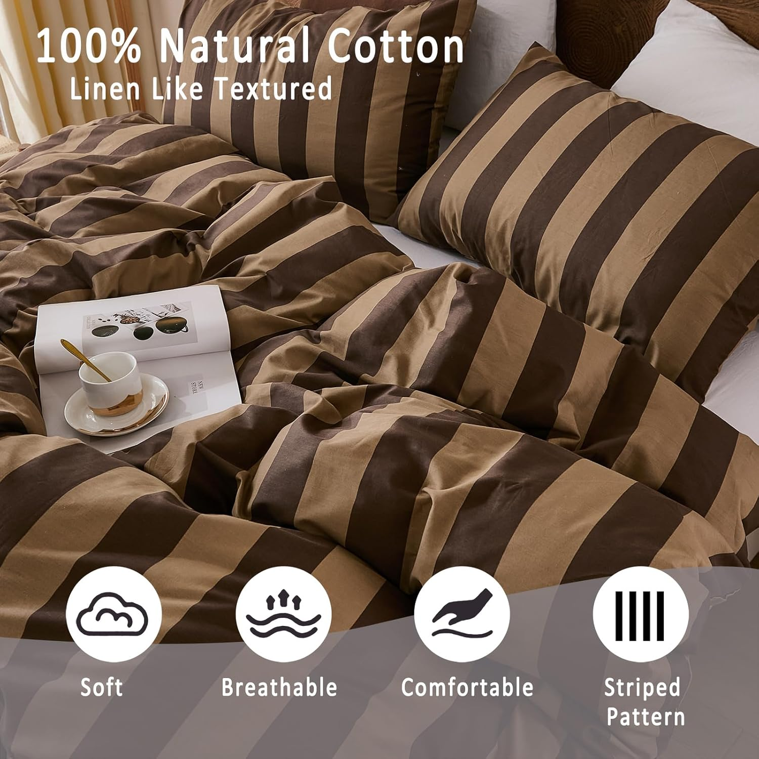 Merryword Brown Striped Duvet Cover Set King Size, 100% Natural Cotton Linen like Duvet Cover Set with Zipper Closure & 8 Corner Ties, Brown Khaki Soft Reversible Bedding for All Seasons image number 2