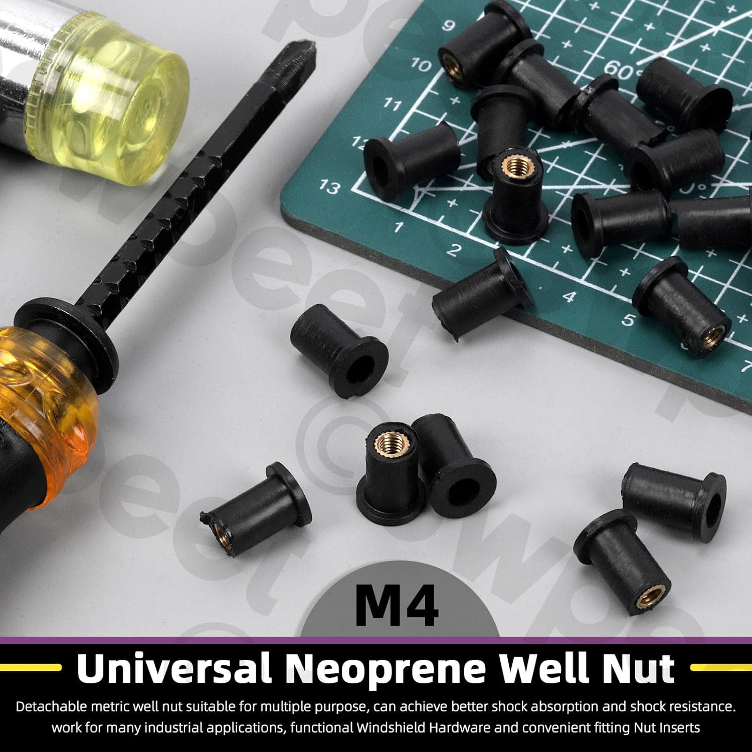 Swpeet 20Pcs M4 Black Rubber Well Nuts Kit, Windshield Fairing Fasteners Nuts, Fairing Universal Motorcycle Fasteners and Neoprene Expansion Brass Nuts Ideal for Canoe Boat Kayak