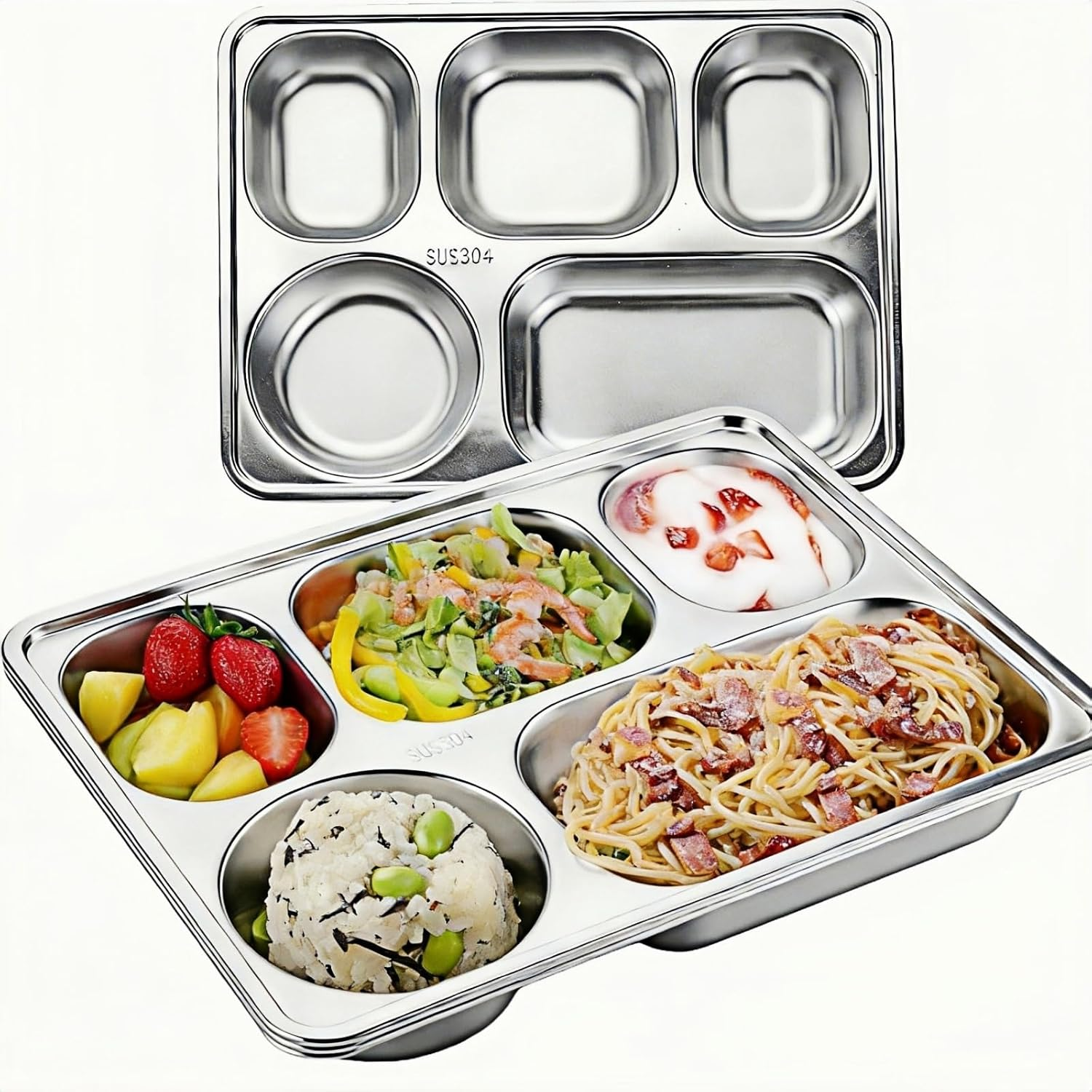 4 Pack Stainless Steel Kids Plates,8In Portion Control Platter with 3-Compartment 304 Stainless Steel，Easy to Clean Plate for Adults Kids of Camping, Breakfast ，Lunch and Dinner image number 1