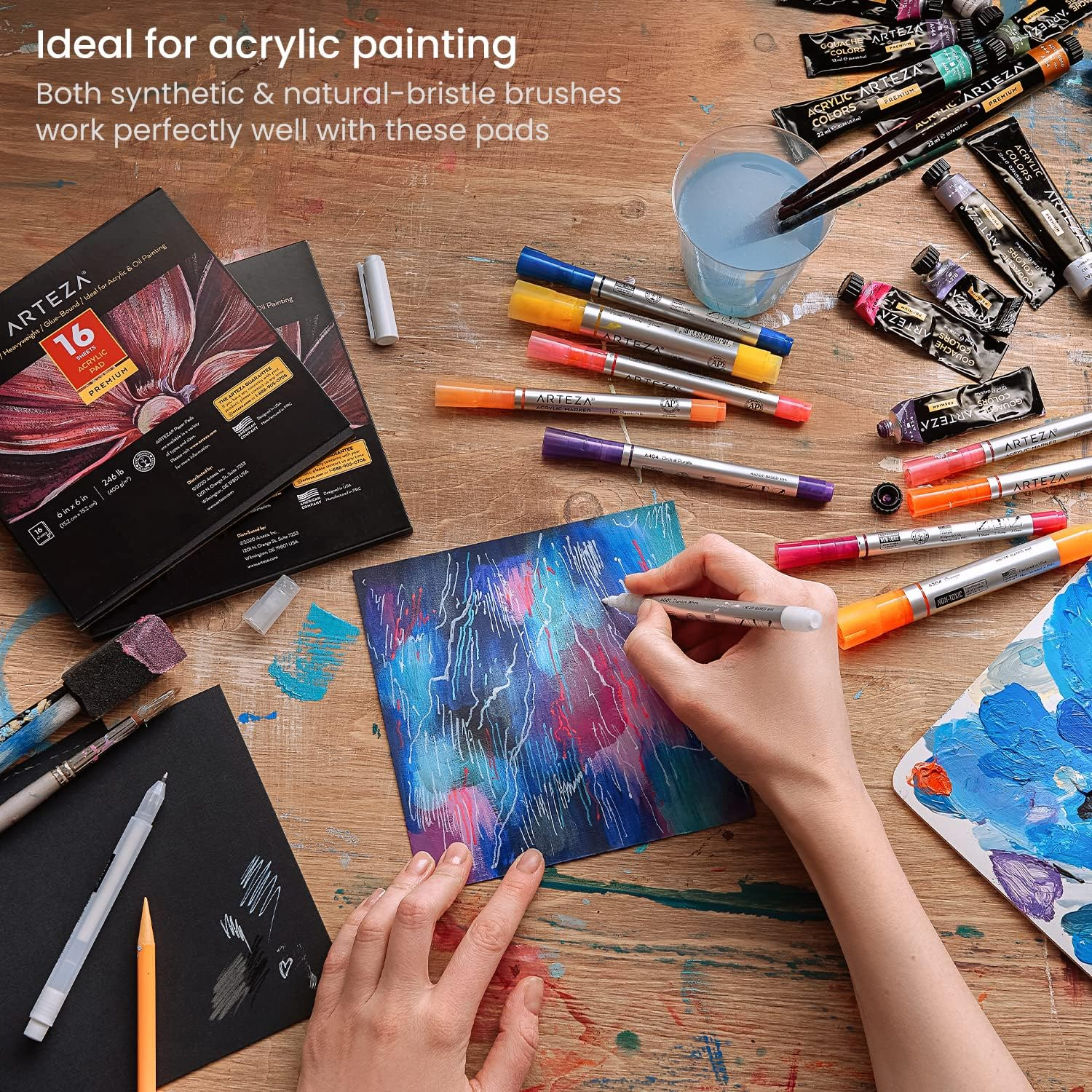 Arteza Black Acrylic Sketchbook, Pack of 2, 6 X 6 Inches, 16 Sheets Each, 246-Lb Painting Pad, Art Supplies for Acrylic and Oil Painting, Drawing and Sketching