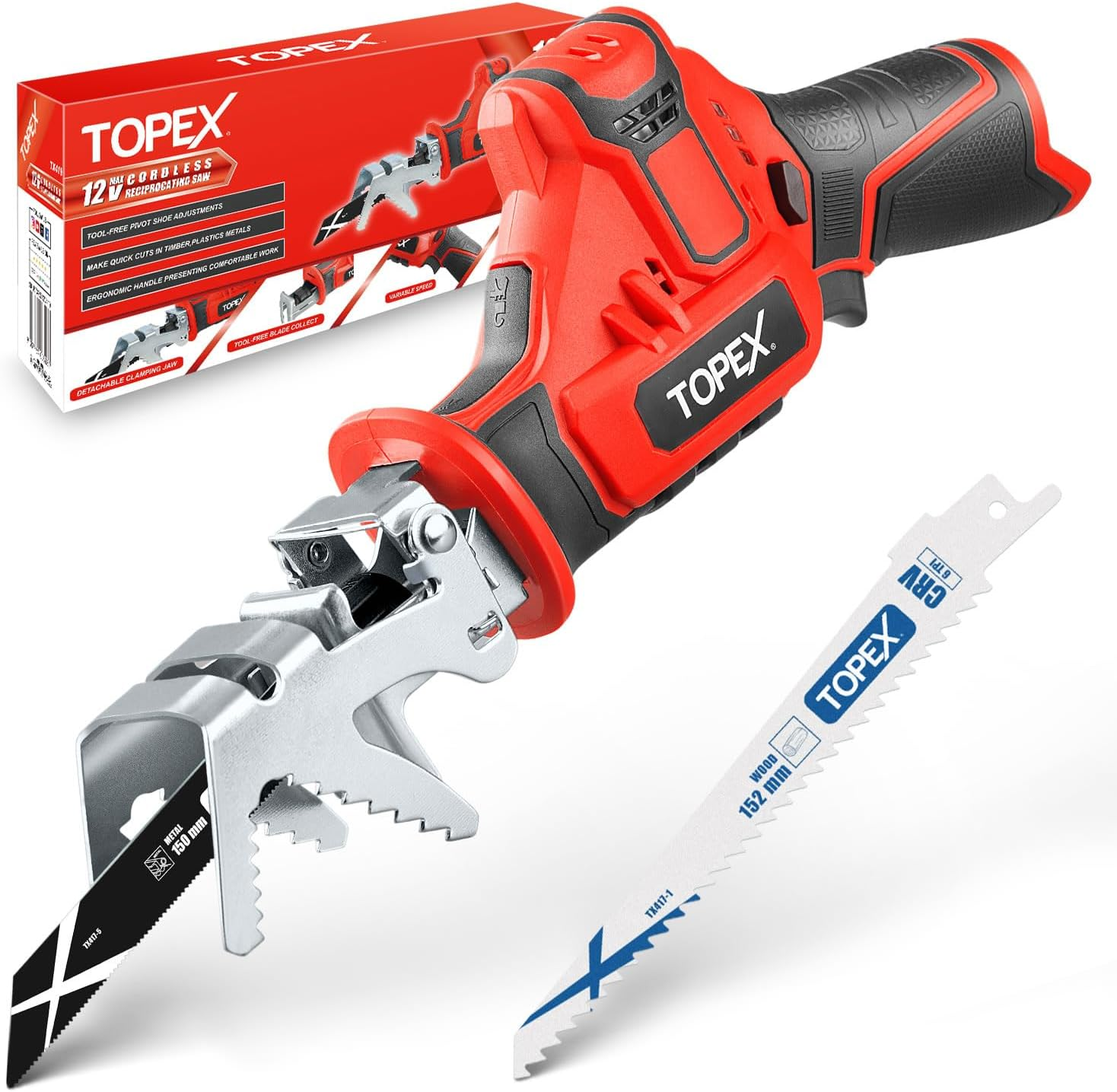 TOPEX 12V Cordless Reciprocating Saw W/ 2 Saw Blades & Clamping Claw Cutting Depth 65 Mm Skin Only without Battery image number 1