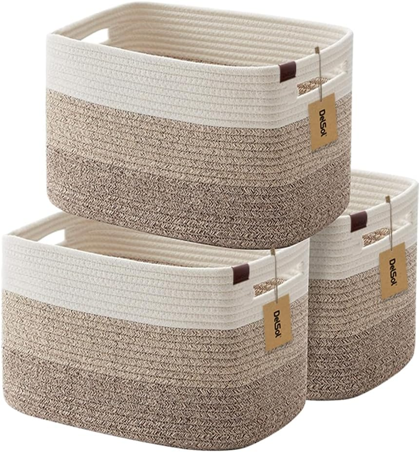 Delsol Cotton Rope Woven Basket, 3 Pack 38X26X23Cm Rectangle Storage Basket with Handle for Living Room, Bathroom, Blanket Clothes Pillows Laundry Hamper, Baby Nursery, Toy Organizer(White & Gray)