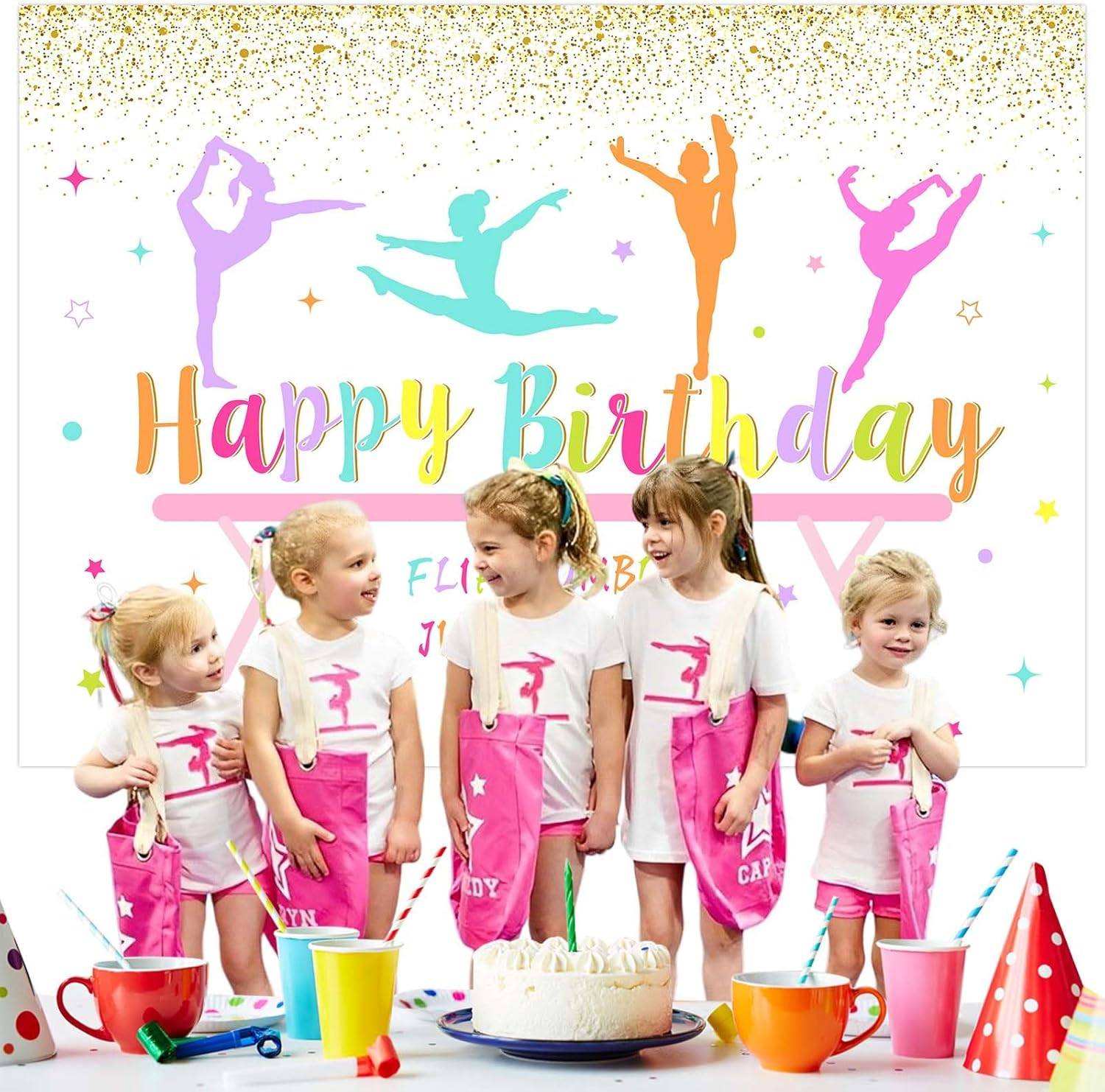 Wonmelody Gymnastics Birthday Party Decorations 7 * 5Ft Gymnastics Happy Birthday Backdrop for Girl Flip Tumble Jump and Play Backdrop Decorations for Rainbow Gym Theme 1St 2Nd 8Th Birthday Party image number 4