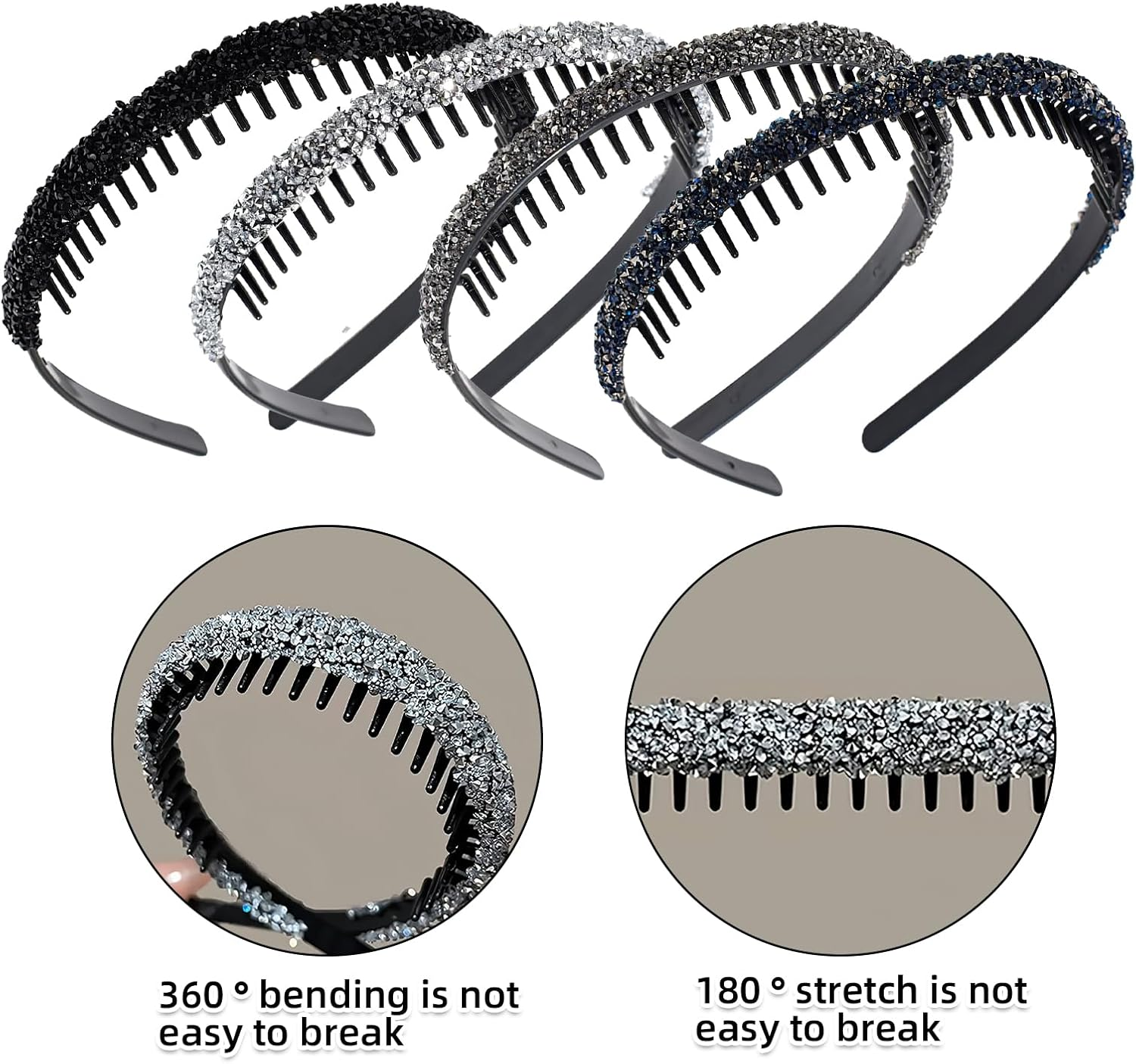 Black Silver Grey Dark Blue Rhinestone Headband for Women, with Teeth, Non-Slip Headband image number 1