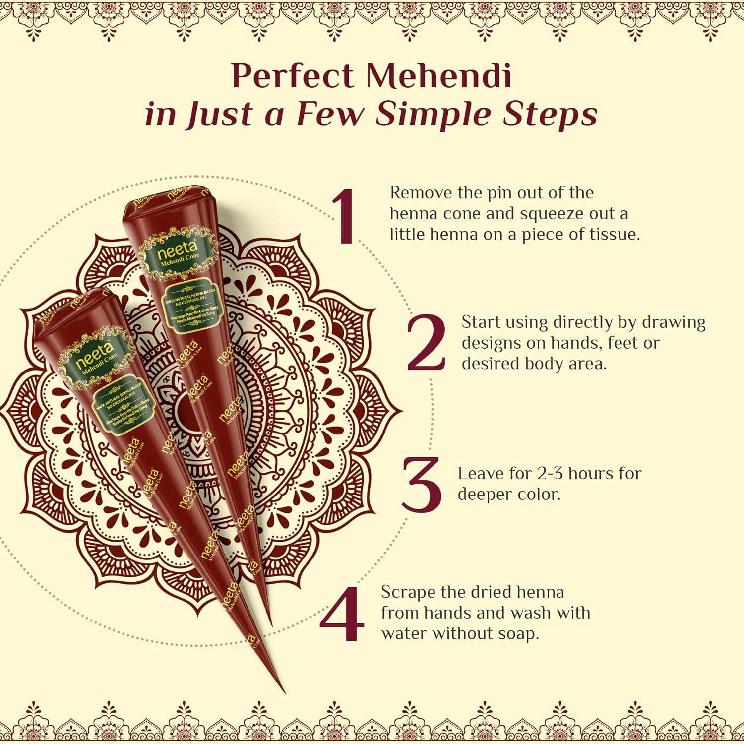 Neeta Mehendi Cone Body Art All Natural Herbal Pure Henna past (Pack of 24 Pieces) Pack of 2 image number 3