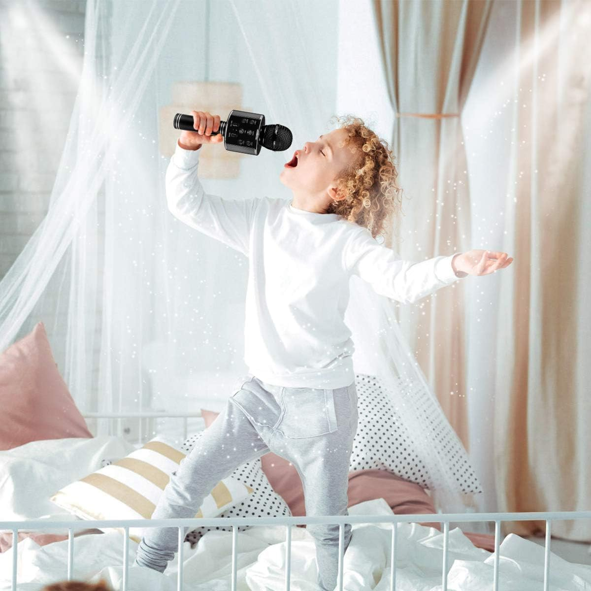 Wireless Bluetooth Karaoke Microphone for Kids, 5-In-1 Portable Handheld Karaoke Mic Speaker Player Recorder with Adjustable Remix FM Radio for Kids Girls Boys (With 32G TF Card,Black) - Rose Gold image number 7