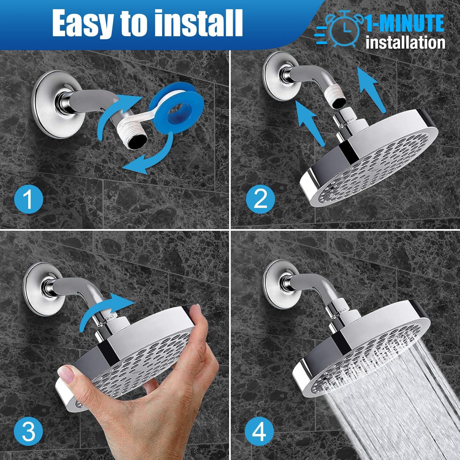 Kovizen Shower Head High Pressure Rain, Luxury Bathroom Rain Shower Head with Chrome Plated Finish, Adjustable Angles, Anti-Clogging Silicone Nozzles (2.5 GPM) image number 5