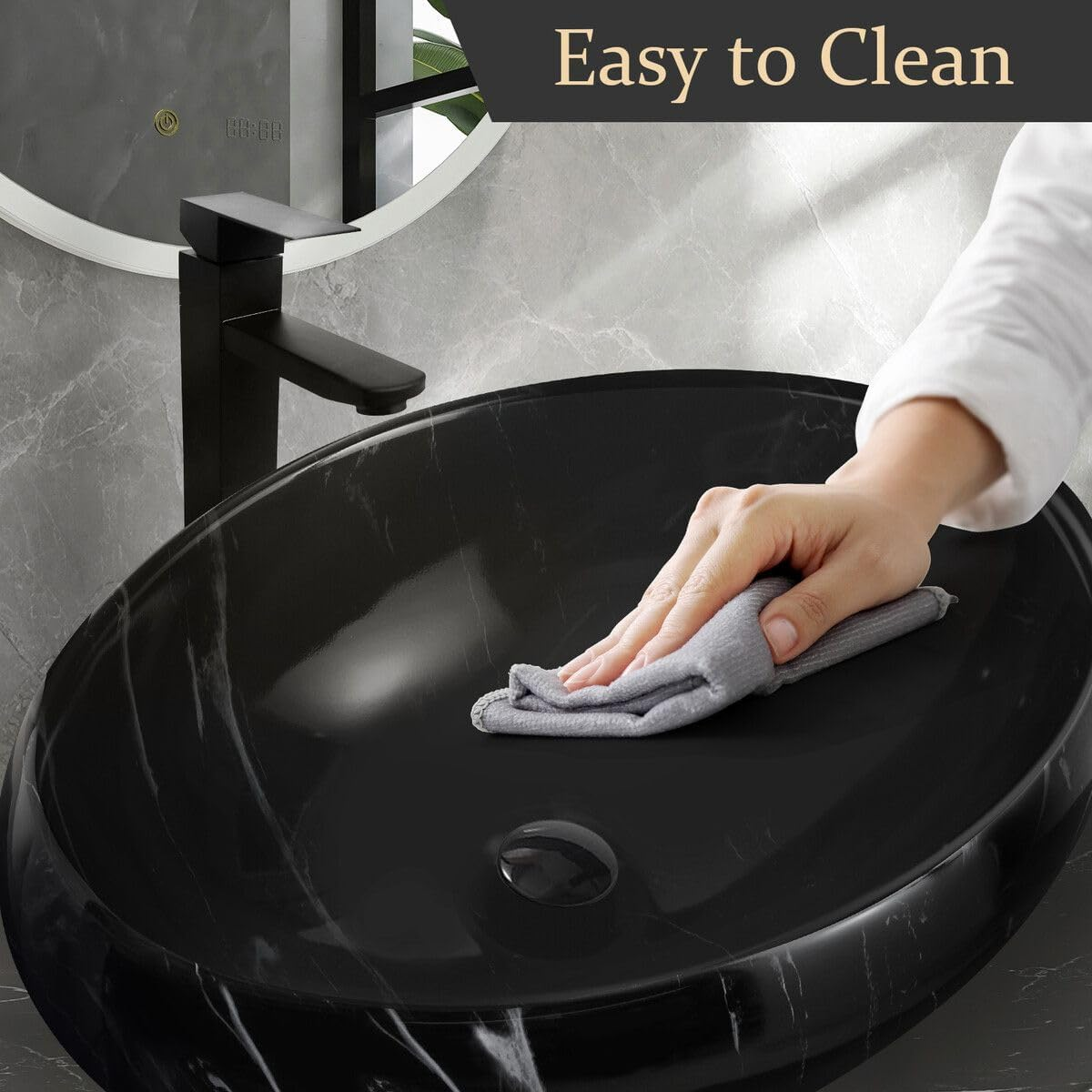 Luxsuite Bathroom Sink Vanity Basin Bath Vessel above Counter Oval Hand Wash Bowl Ceramic Sink Countertop Black Marbled image number 4