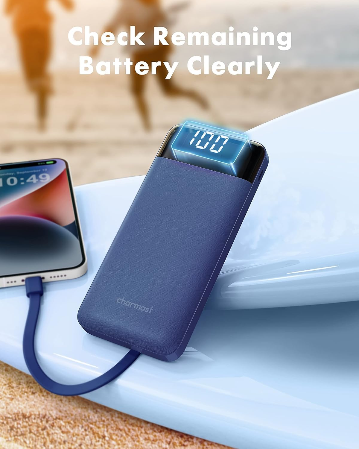 Charmast 10000Mah Power Bank Built in 4 Cables, Slim USB C Portable Charger, LED Display External Battery Pack with 6 Output and 3 Input, Compatible with Iphone, Samsung, Tablets and More(Blue)