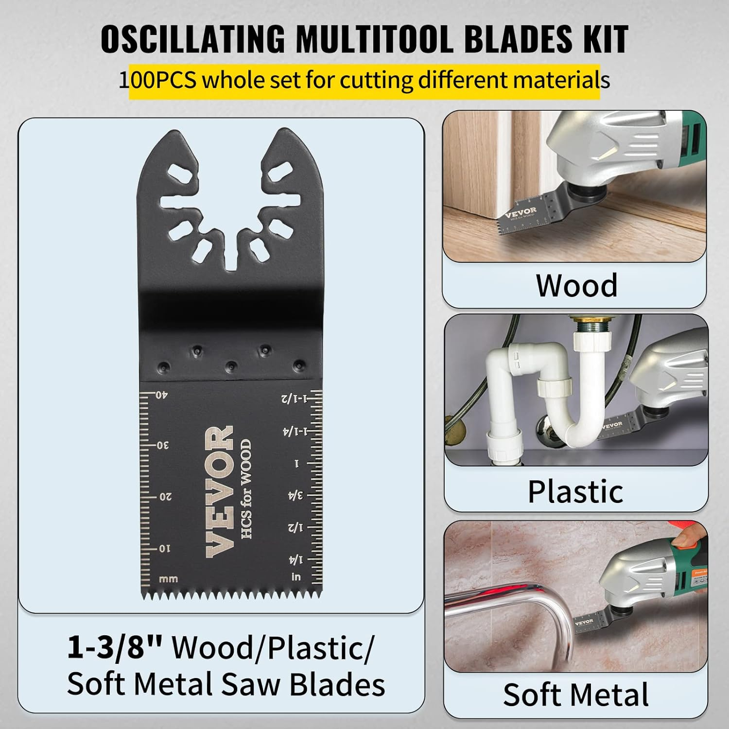 VEVOR 100PCS Oscillating Saw Blades, Quick Release Multitool Blades Kit, HCS Tool Blades for Wood Plastic, Compatible with Dewalt Dremel Fein Worx Bosch Makita Milwaukee image number 6
