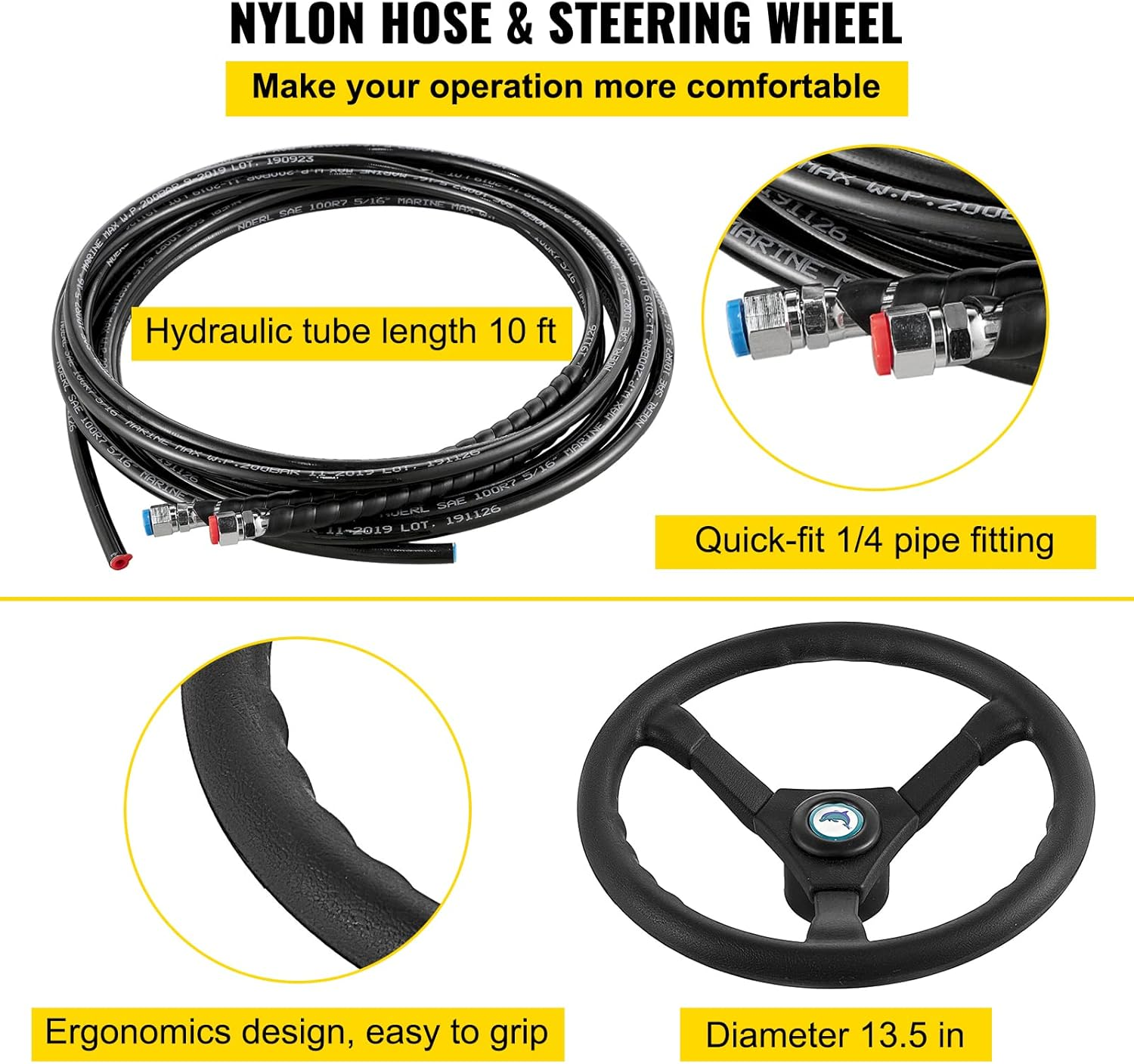 VEVOR Hydraulic Boat Steering Kit, 300HP Hydraulic Steering Helm Pump, Aluminum Alloy Steering Cylinder, 13.5" Steering Wheel with 10" Hydraulic Steering Hose for Boat Steering System image number 4