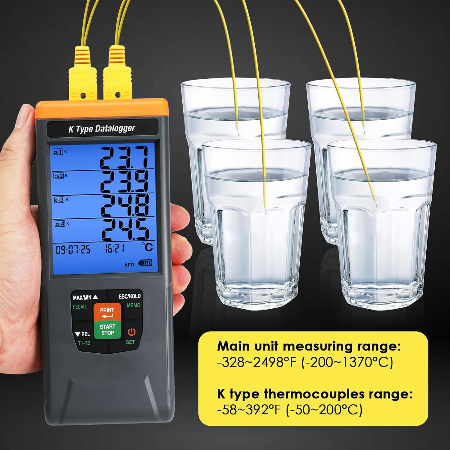 Thermocouple Thermometer Data Logger 4 Channel Digital K Type Temperature Data Logger Recorder with 48K Records, 328~2498℉ (-200~1370℃) Range with Audible/Visual Alarms for Laboratory Industrial image number 6