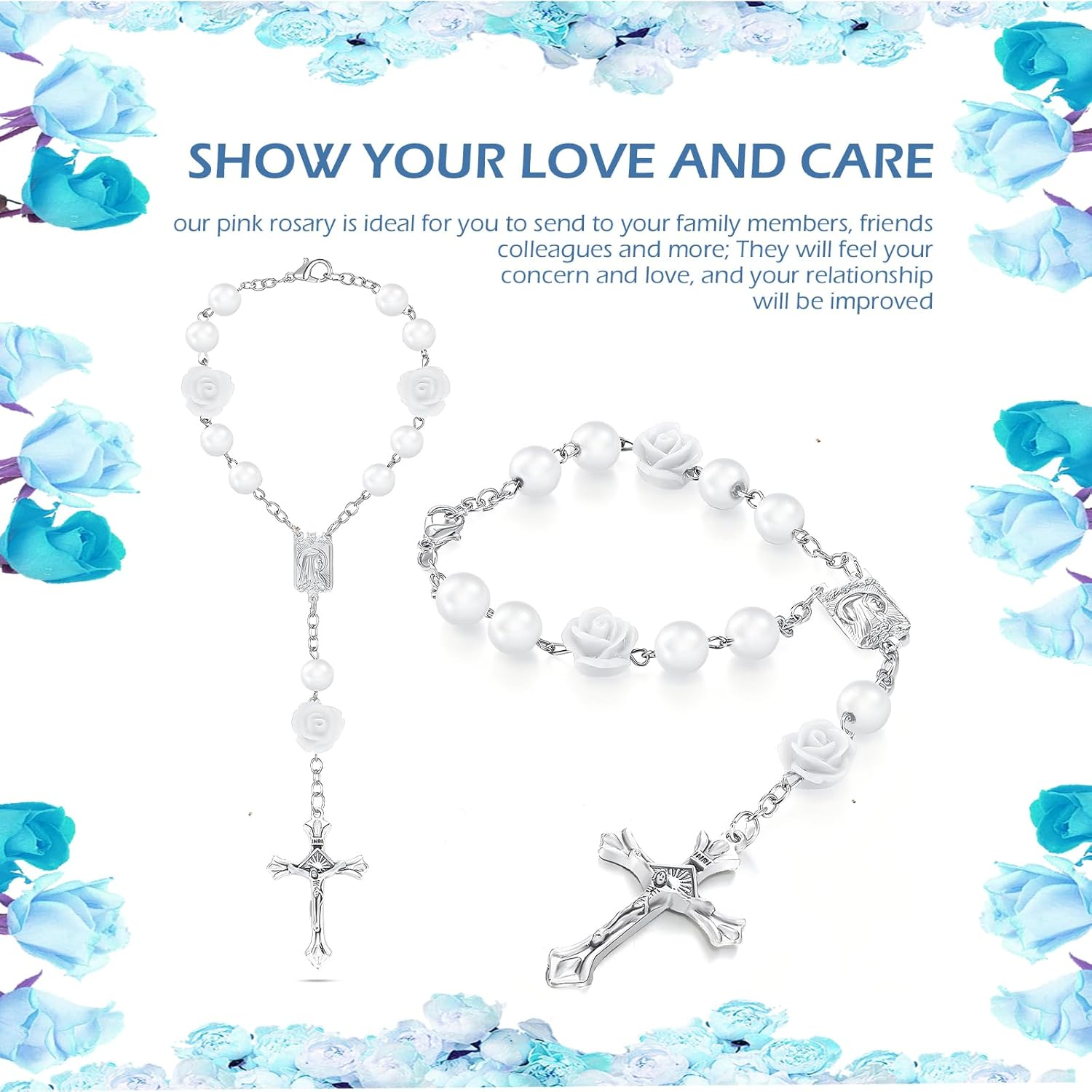 2PCS Car Rose Rosary for Rearview Mirror, Personalized Blessing Rear View Mirror Hanging Decors, Car Rose Cross Pendant, Auto Interior Hanging Accessories (White) image number 1