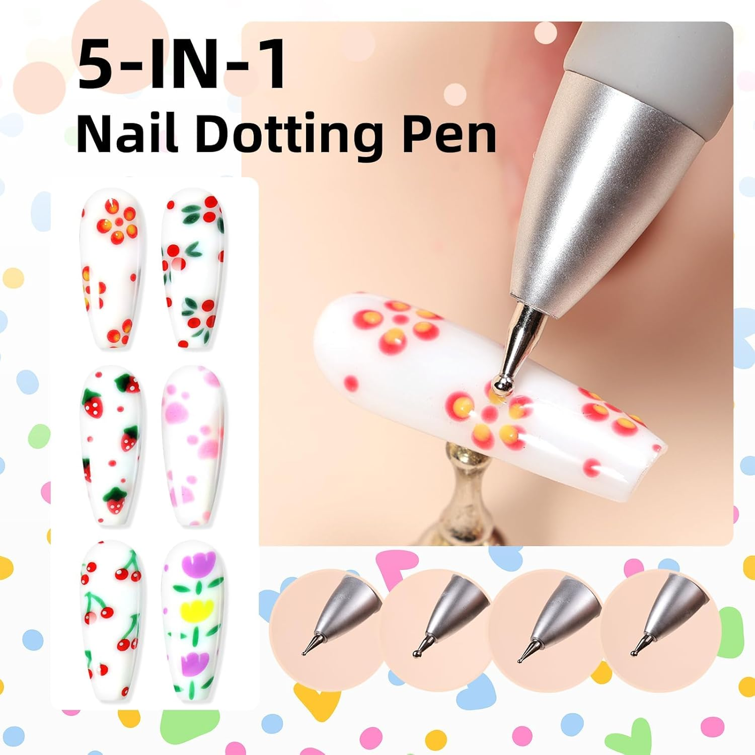5 in 1 Nail Dotting Pen Nail Art Brushes,Gel Nail Polish Nail Art Dotting Tools Kit Include Nail Extension Gel Brush Nail Art Liner Brush Nail Dotting Pen for Diy Nail Art