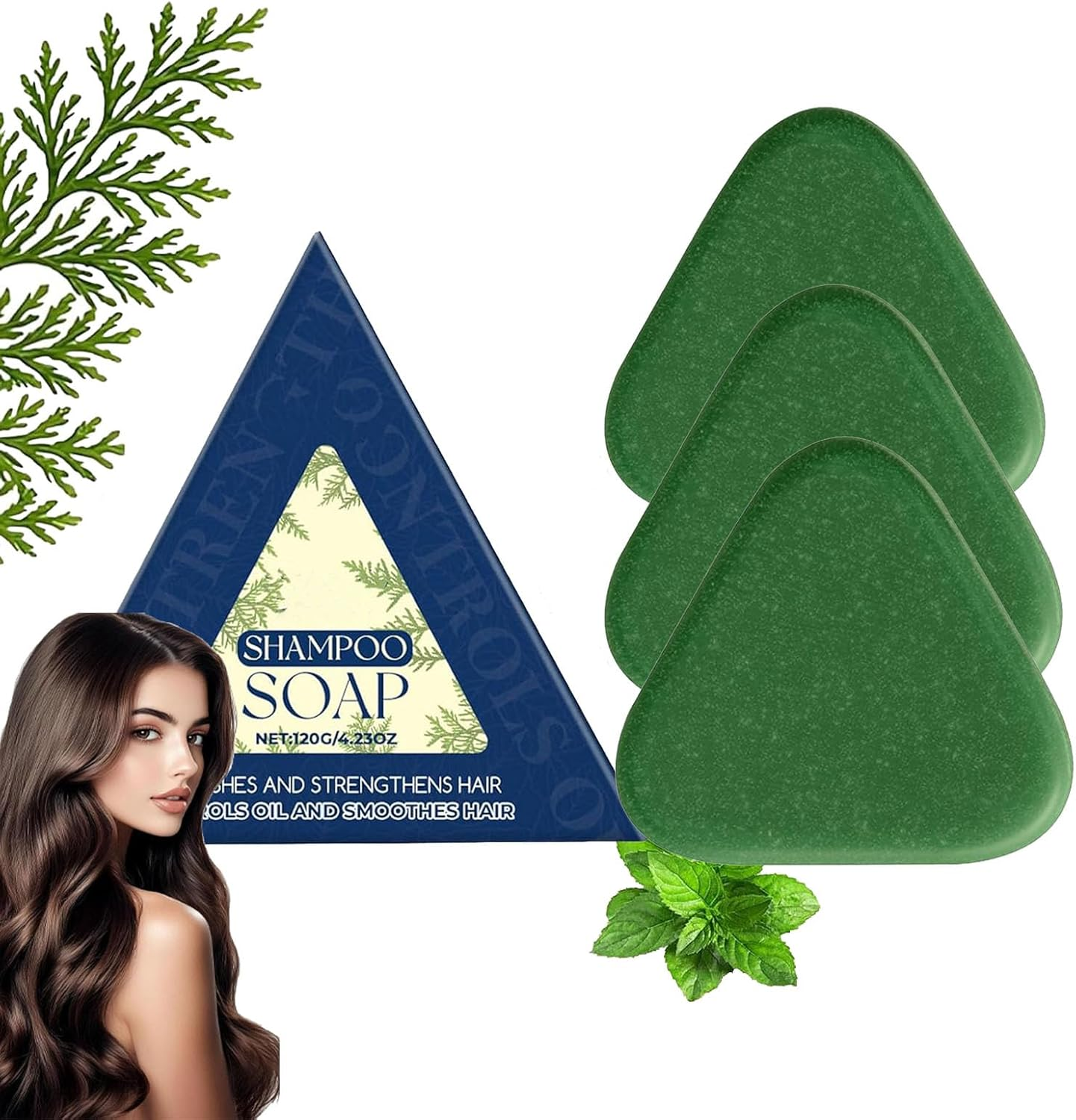 Nature Triangle Shampoo Bar, Triangle Green Shampoos Bar, Rich Foams Solid Bar for Gentle Cleansing, Nourishing & Smoothing, Strengthens Hair, Travel-Friendly for All Hair Types (1Pcs)