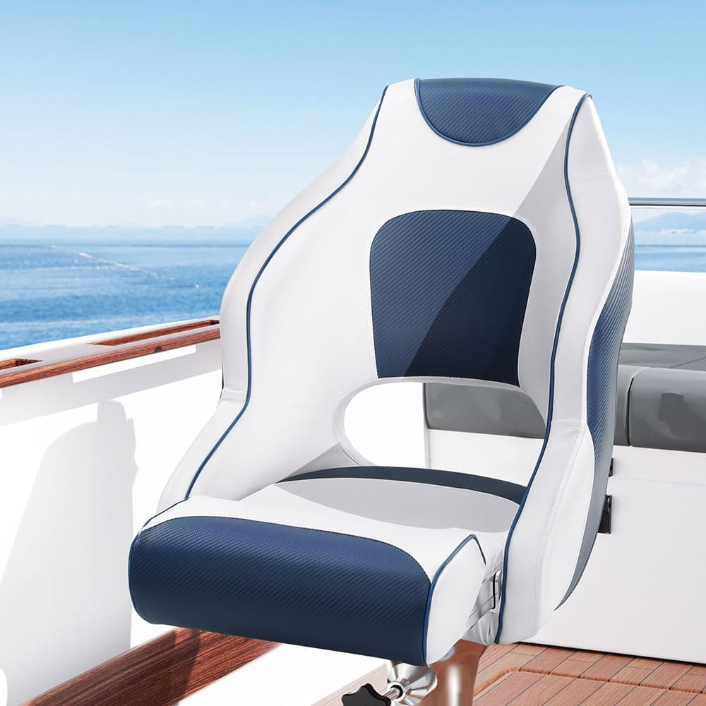 Boat Seats, 15Cm Thick Padding Folding Seat Swivel Chair Floor Chairs Marine Seating Fishing Outdoor Accessories, with Backrest All Weather Conditions Stainless Steel White Blue image number 1