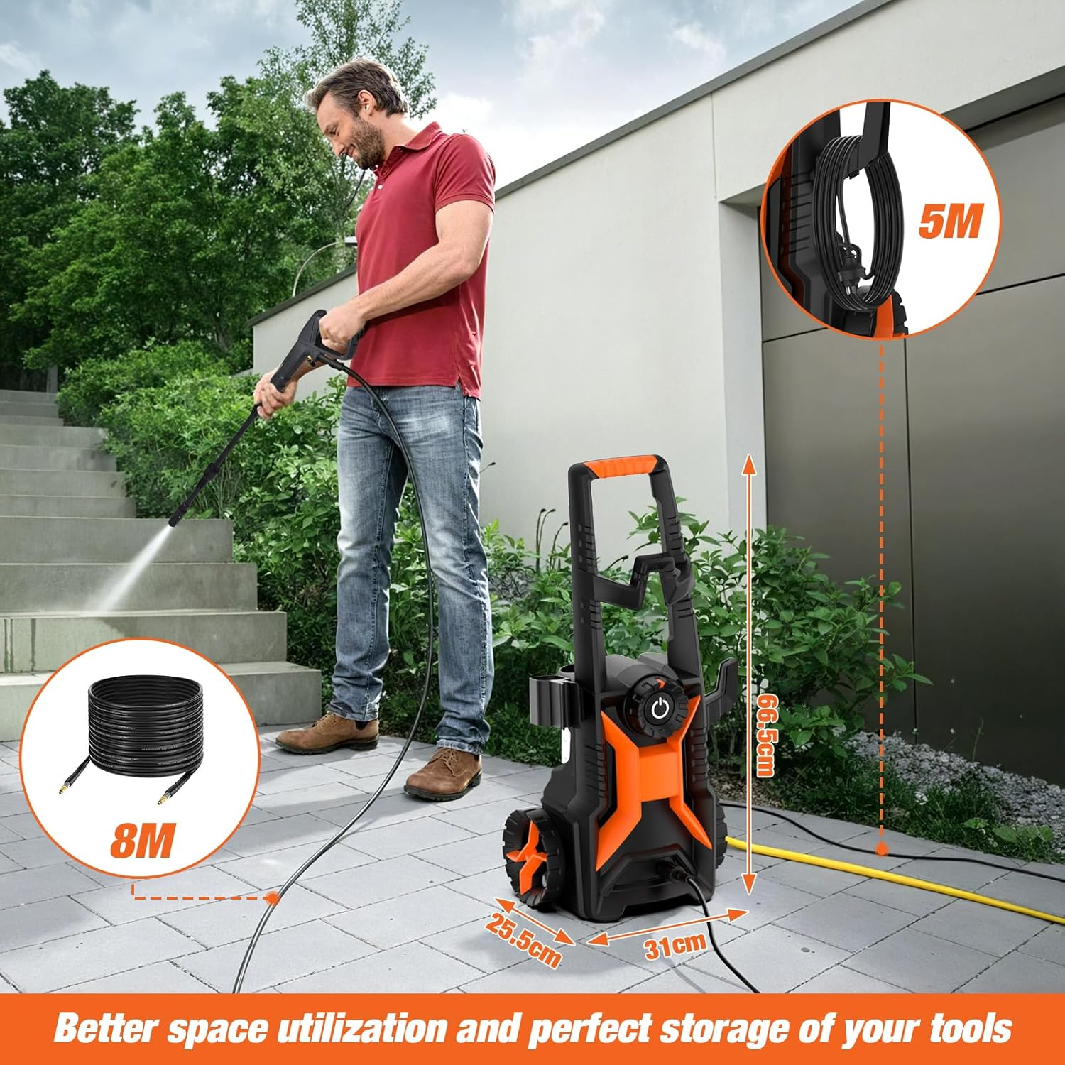 ADVWIN Pressure Washer 3800PSI, 2200W Electric High Power Washer Adjustable Pressure Max 8L/Min, with Spray Gun/8M Hose, Cleaner Machine for Cars Fences Driveways Patios Home Cleaning image number 5