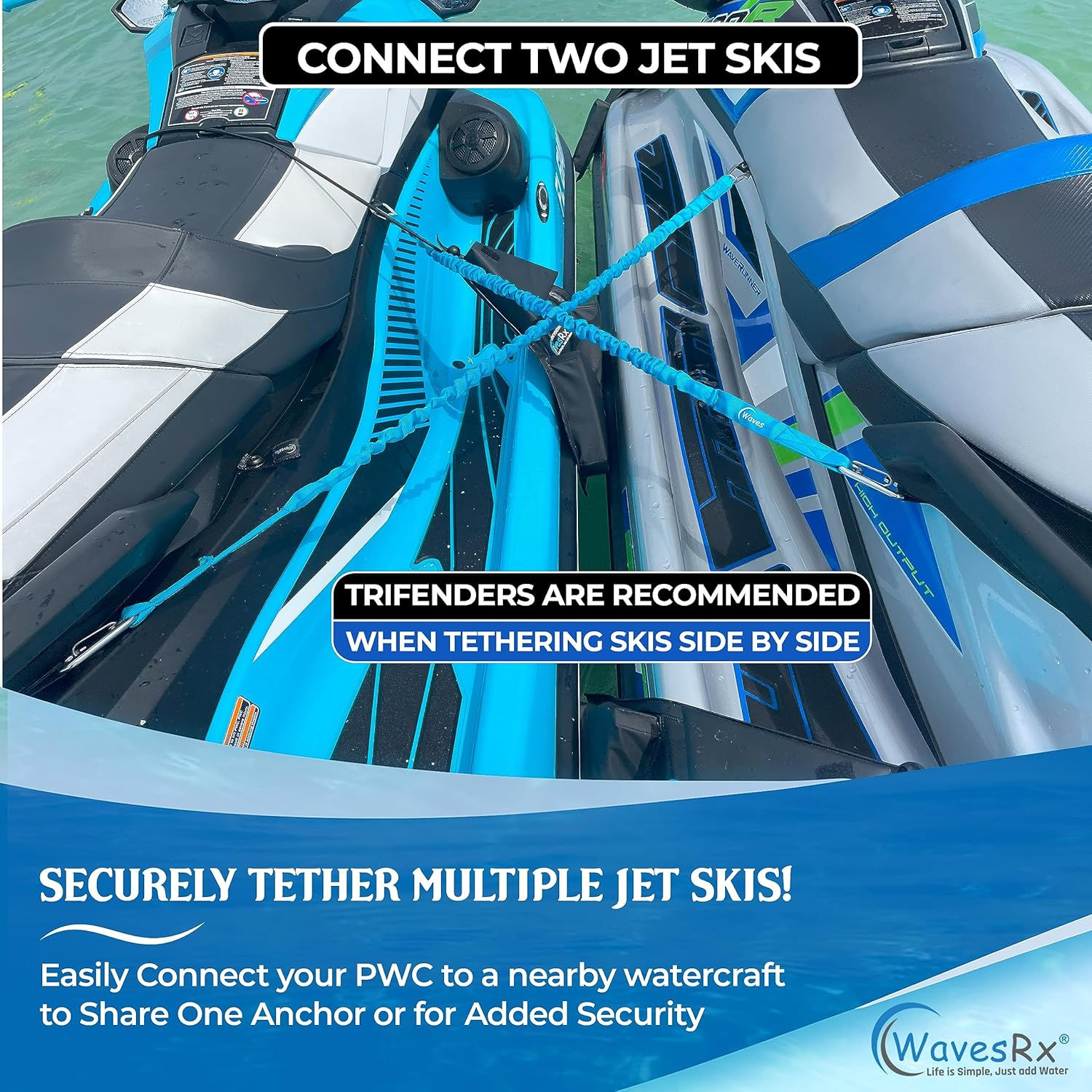 Wavesrx Dockingpal - Premium Bungee Dock Line 3 Ft (2PK) | Elastic Docking Rope with Stainless Steel Carabiners Stretches from 3' to 5' | Absorbs Shocks & Tugs Preventing Damage to Your Jet Ski & PWC - Lagoon Blue image number 2
