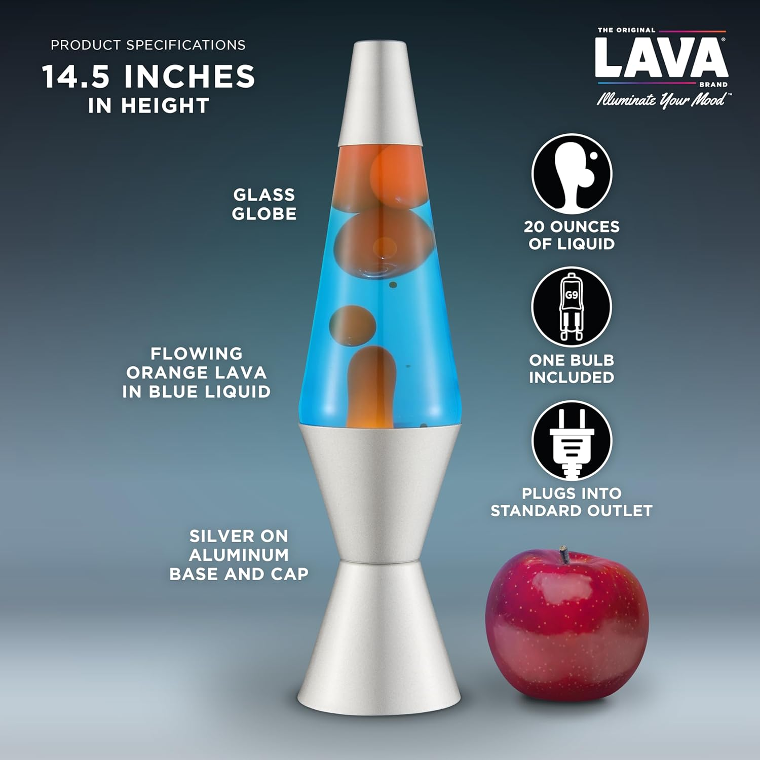 Lava Lamp 2117, Orange Wax, Blue Liquid, Silver Base and Cap, Original 14.5 Inch Lava&reg; Motion Lamp to Illuminate Your Mood - Blue/Clear image number 7