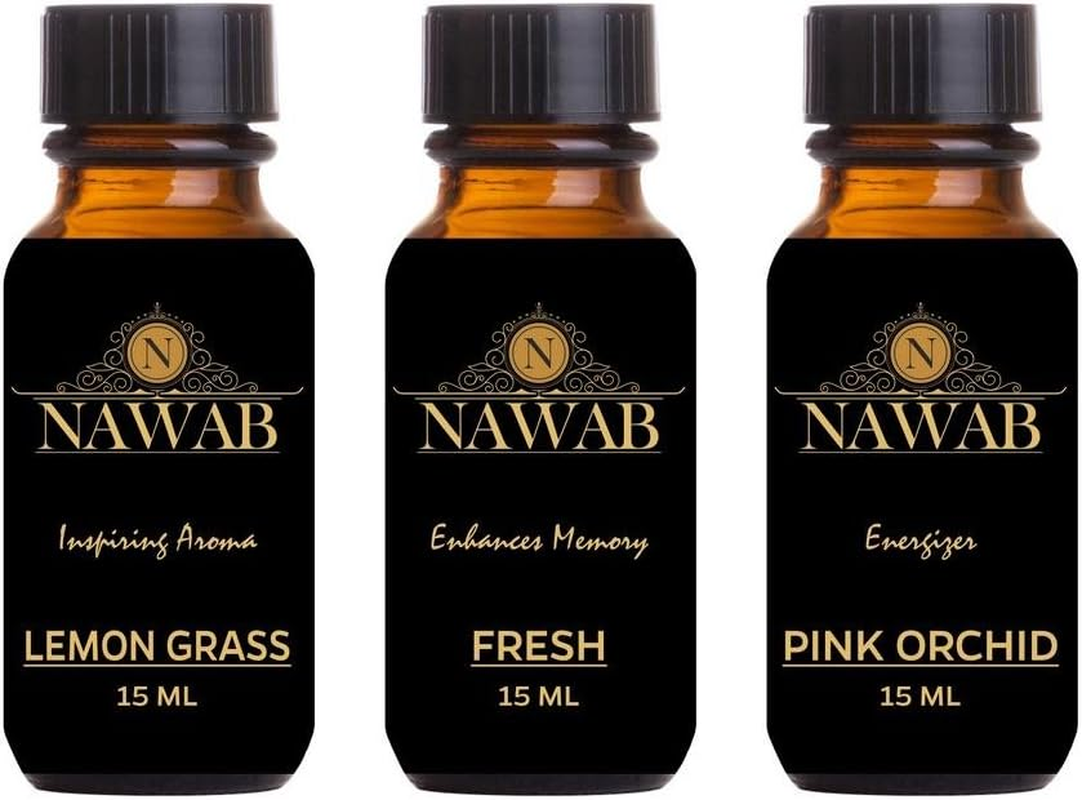 NAWAB Aroma Oil / Diffuser Oil / Scented Oil / Fragrance Oil ( Lemongrass , Fresh , Pink Orchid - 15Ml Each)