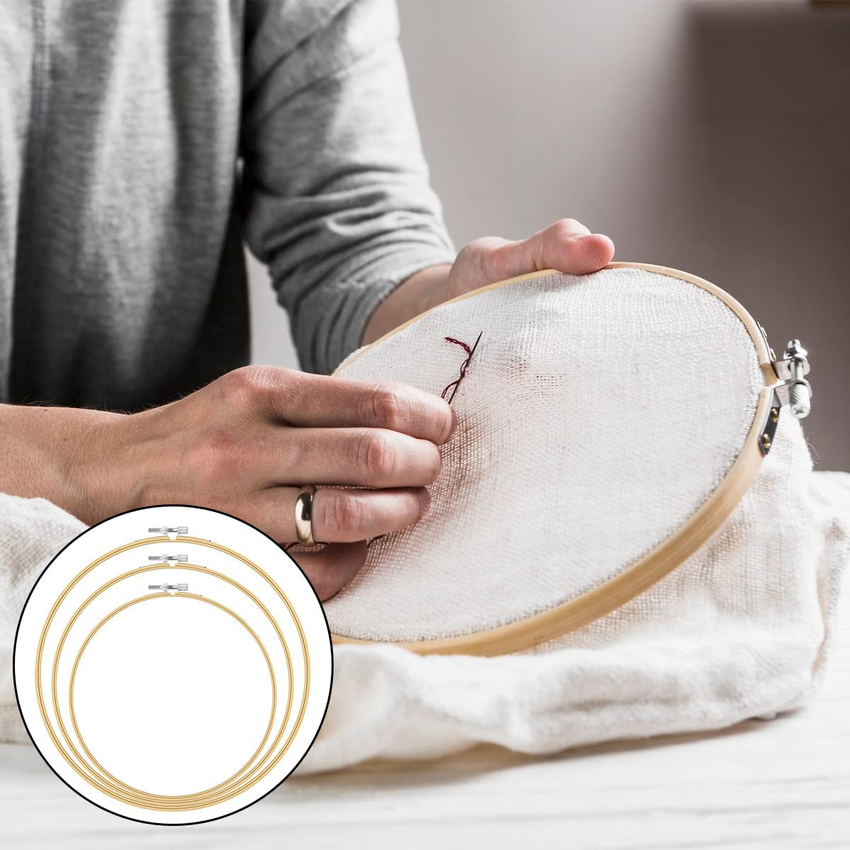 BEZANU Embroidery Hoop, 3PCS Circle Bamboo Cross Stitch Hoop for DIY Art Craft Sewing (20Cm, 26Cm, 30Cm) image number 3