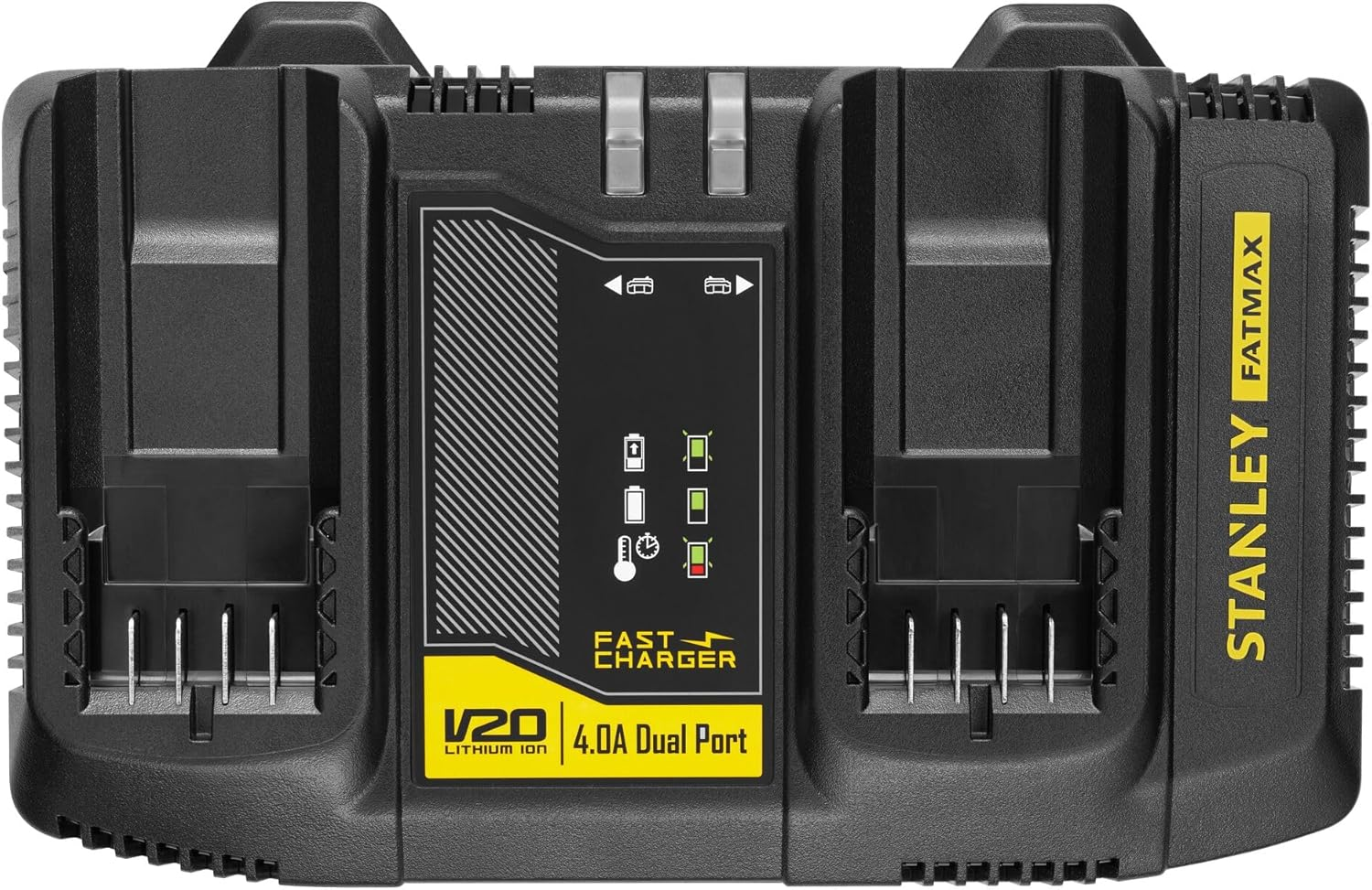 STANLEY FATMAX V20 | 18V 4A Dual Port Battery Fast Charger - Simultaneous Charging, Charges 2X4.0Ah Packs in 30 Minutes, USB Charger for Phones and Tablets
