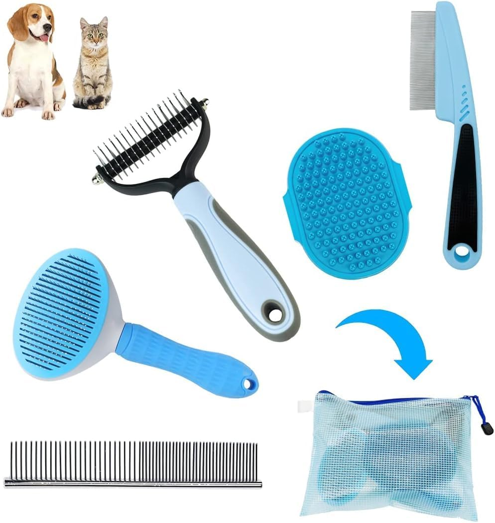 5PCS Professional Dog Grooming Kit - Includes Slicker Brush for Shedding, Dematting Comb, Flea Comb, Puppy Brush & Soft Bristle Brush for Dogs & Cats, Pet Hair Removal & Detangling Tool Set（Pink）