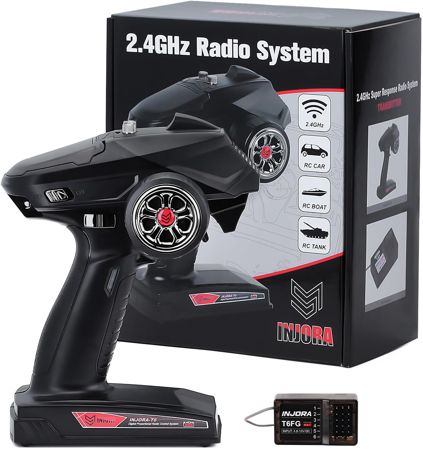 INJORA RC Transmitter 2.4Ghz 6CH Controler and Receiver with Gyro Remote inside Receiver for 1/8 1/10 RC Car Boat Tanks Crawler TRX4 SCX10 Upgrade Parts image number 3