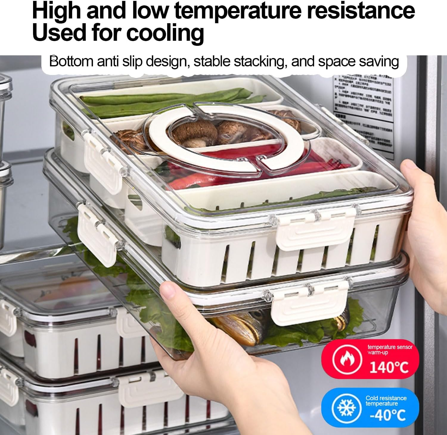 Divided Serving Tray with Lid and Handle, Storage Containers for Fridge, Snack Platters Organizer, Fruit Plate, Fresh -Keeping Box Is Suitable for Fruits, Vegetables, Refrigerators, Picnics (4 Grid) image number 1