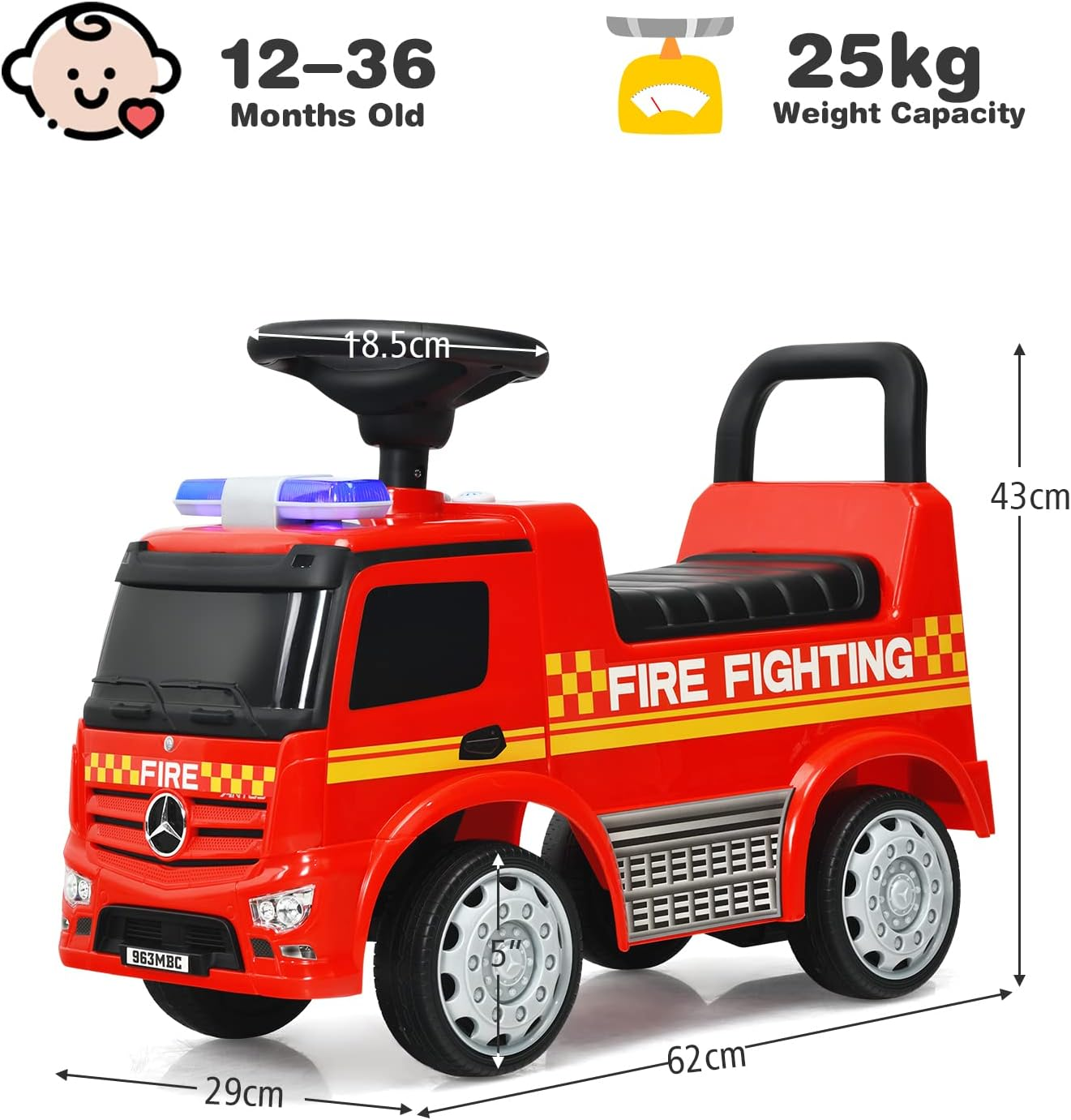 Honey Joy Kids Ride on Car, Benz Licensed Fire Engine W/Storage Space, Steering Wheel, Backrest, Indoor Outdoor Foot-To-Floor Sliding Car for 12 to 36 Months Old, Toy Boys Girls, Red image number 3