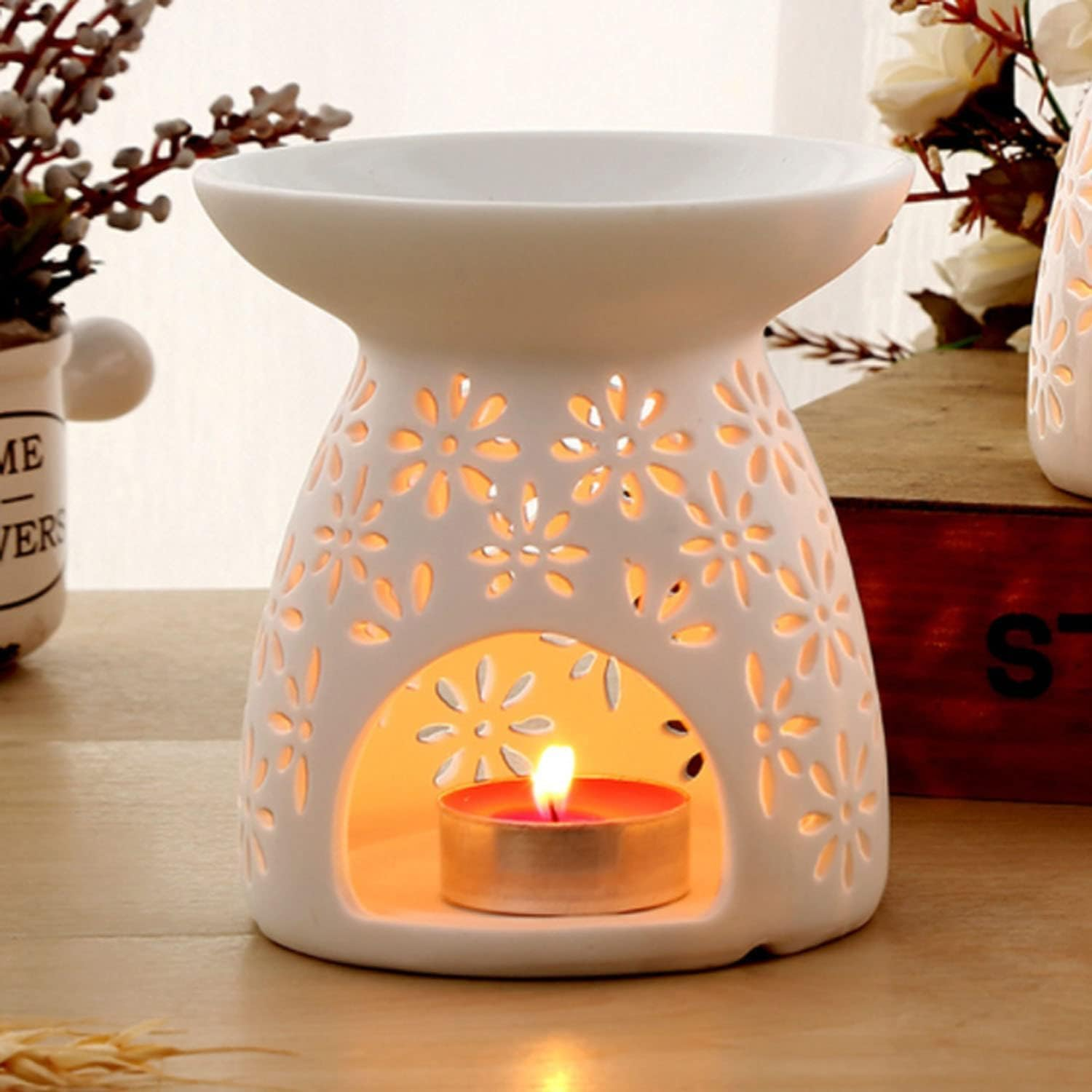 Ceramic Tealight Candle Holder White Essential Oil Burner with Candle Spoon, Incense Aroma Diffuser Furnace Candle Holder for Home Decoration image number 3