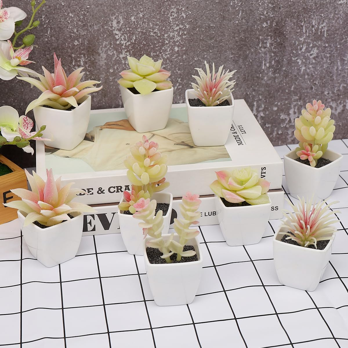 9 Pcs Artificial Succulents Plants in White Pot Small Fake Succulent Echeveria DIY Home Office Indoor Bathroom Living Room Decoration