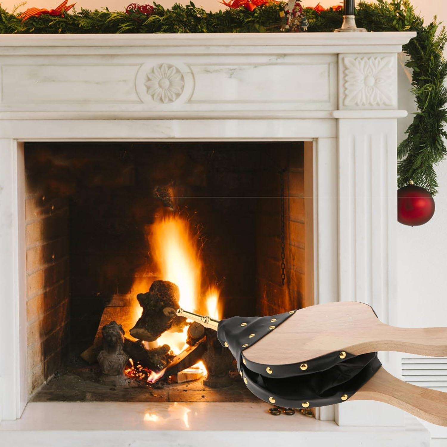 Fire Blower, Air Blowing Nozzle - Sustainable Solid Wood Leather Manual Grill Manual Hinge for Barbecue Barbecue, Made of Metal Chips and Imitation Leather, so It Is Not Only Practical, but Also Has A image number 2