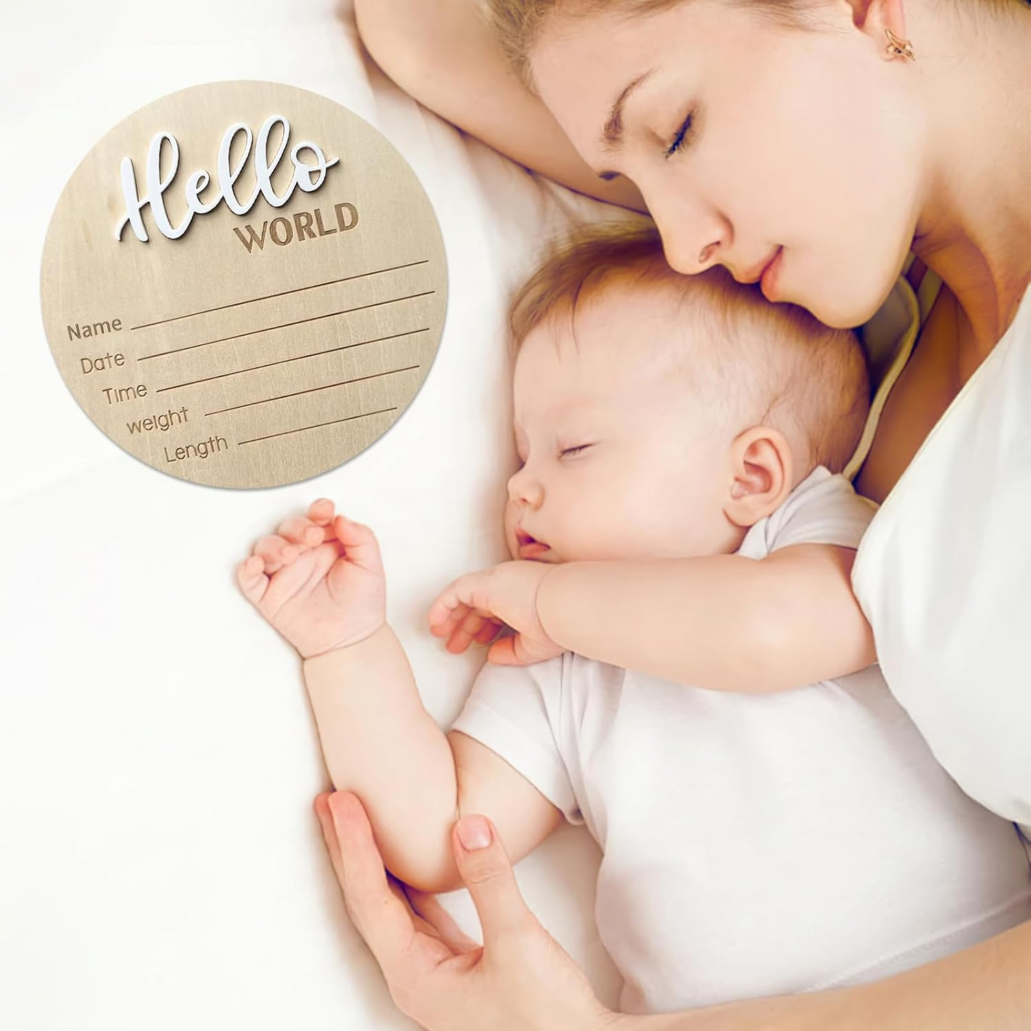 Baby Announcement Sign, ​5.9 Inch Wooden Hello World Newborn Signs, Birth Announcement Sign, Baby Shower Hospital Nursery for Newborn Boys and Girls (White) image number 1