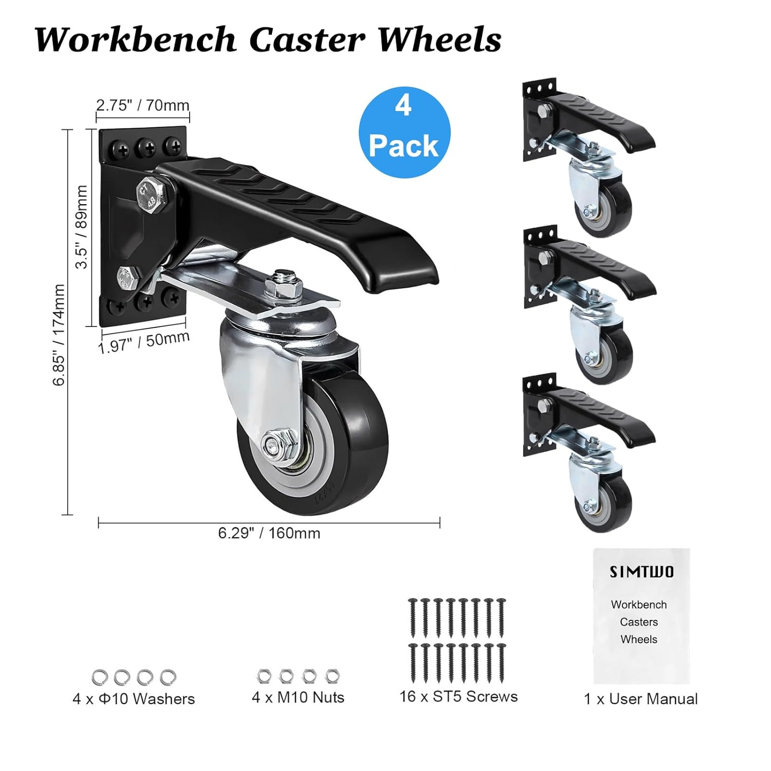 SIMTWO 4 Pack Workbench Caster Kit, Retractable Caster Heavy Duty 660Lbs, Adjustable Workbench Castor Wheels for Workbenches, Tables, Cabinets, 360&deg; Rotation image number 3