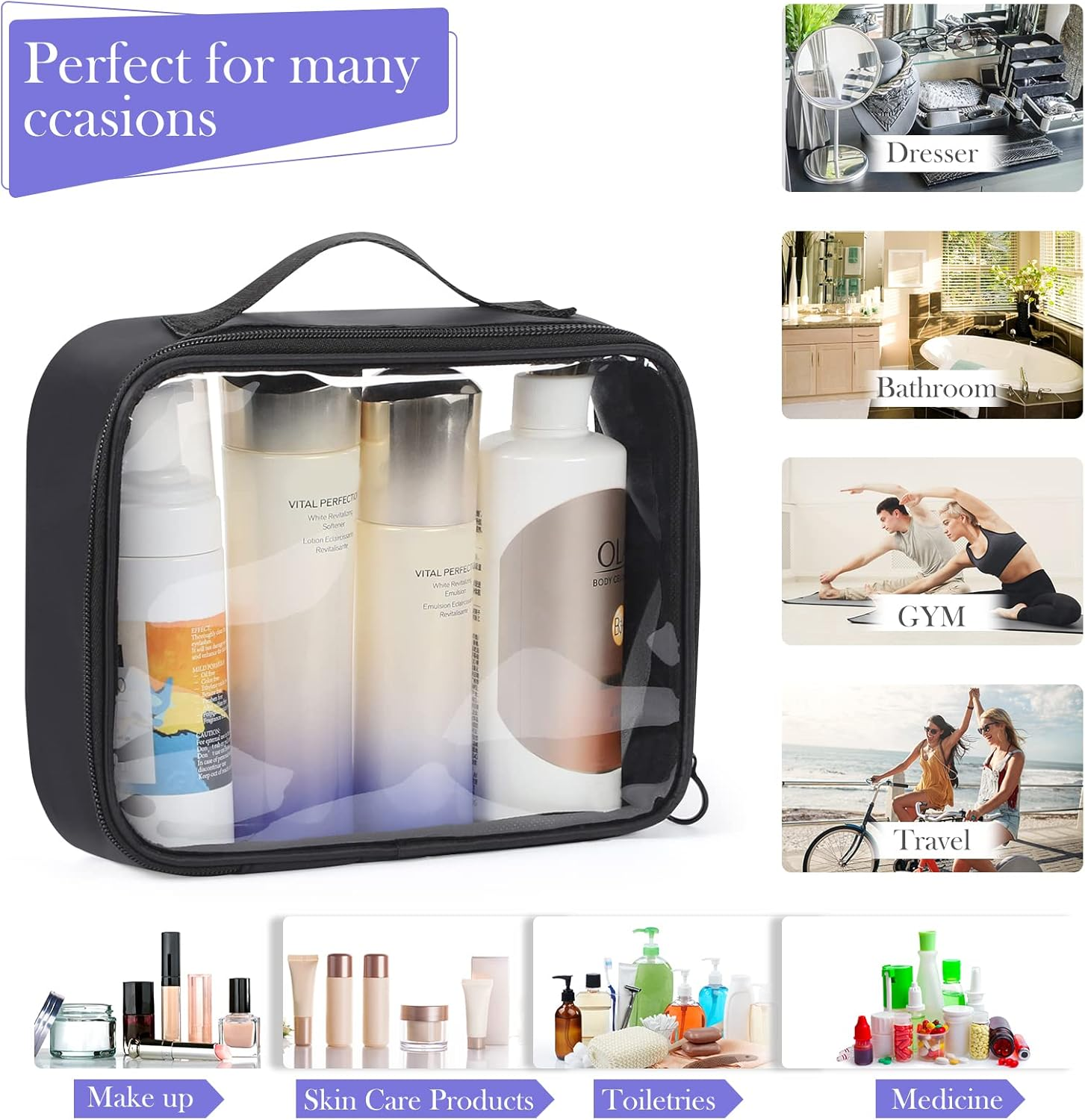 Sightor Clear Makeup Bag, 2Pcs TSA Approved Toiletry Bag Air Travel Cosmetic Bag Quart Size PVC Travel Toiletries Bag for Women Men image number 4