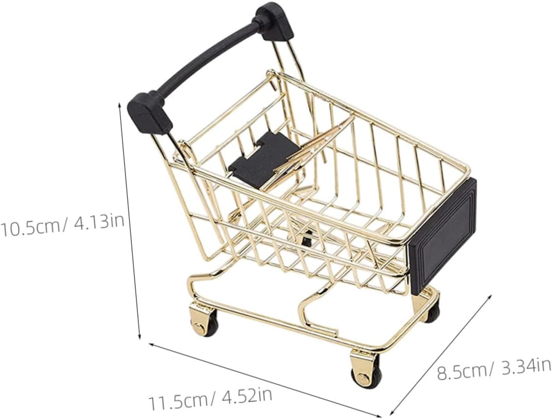 Yardwe Mini Metal Shopping Cart Storage Basket, Home Office Sundries Organizer, Gold Decorative Trolley Basket for Small Item Storage image number 3