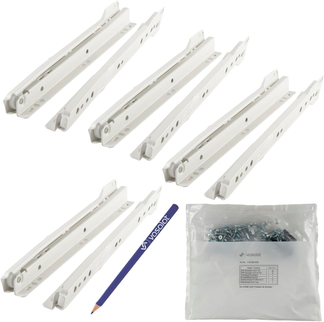 Vasalat Roller Drawer Runners, 300 Mm, Partial Extension Rails for Drawers, Drawer Runners for Overlying Mounting, Steel Cream White, 4 Pairs