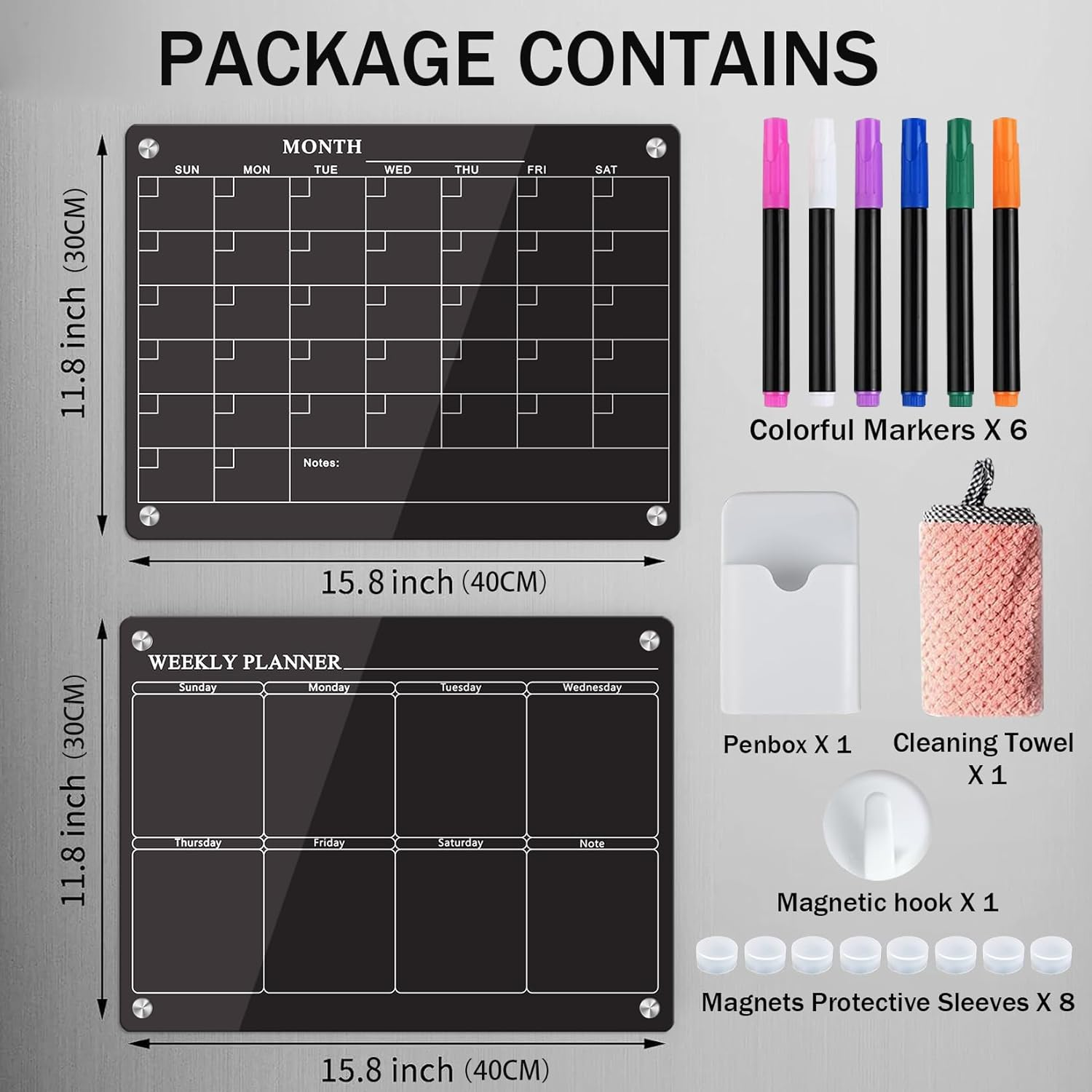 Acrylic Fridge Calendar for Refrigerator Monthly and Weekly Magnetic Planner Board Reusable Planner Board Organiser Board for Kitchen 2PCS Planning Boards Black image number 2