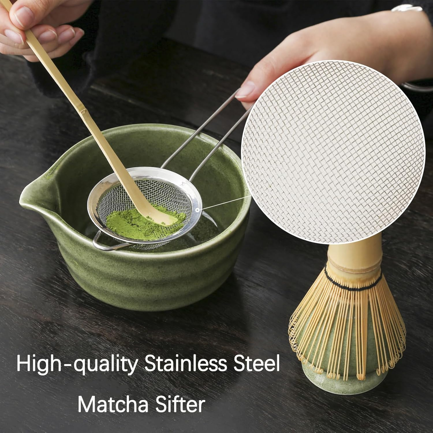 Matcha Set, Matcha Bowl with Spout, Matcha Whisk and Holder, Bamboo Matcha Scoop and Stainless Sifter - 5 Pcs Jade Green Matcha Set Kit for Matcha Lover image number 5