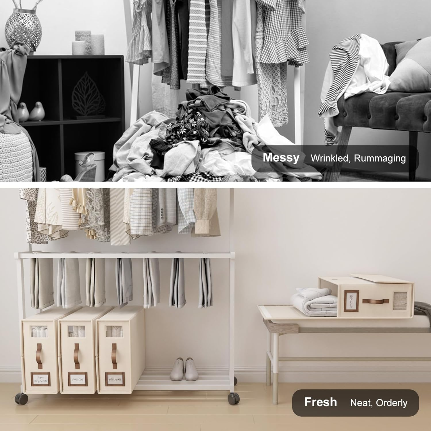 Bigponpon 6 Pack Bed Sheets Organizers and Storage (Cal King Size), Foldable Organizer with Handle for Linen Closet, Bedding Storage for Sheets, Duvet Cover (Beige) image number 1