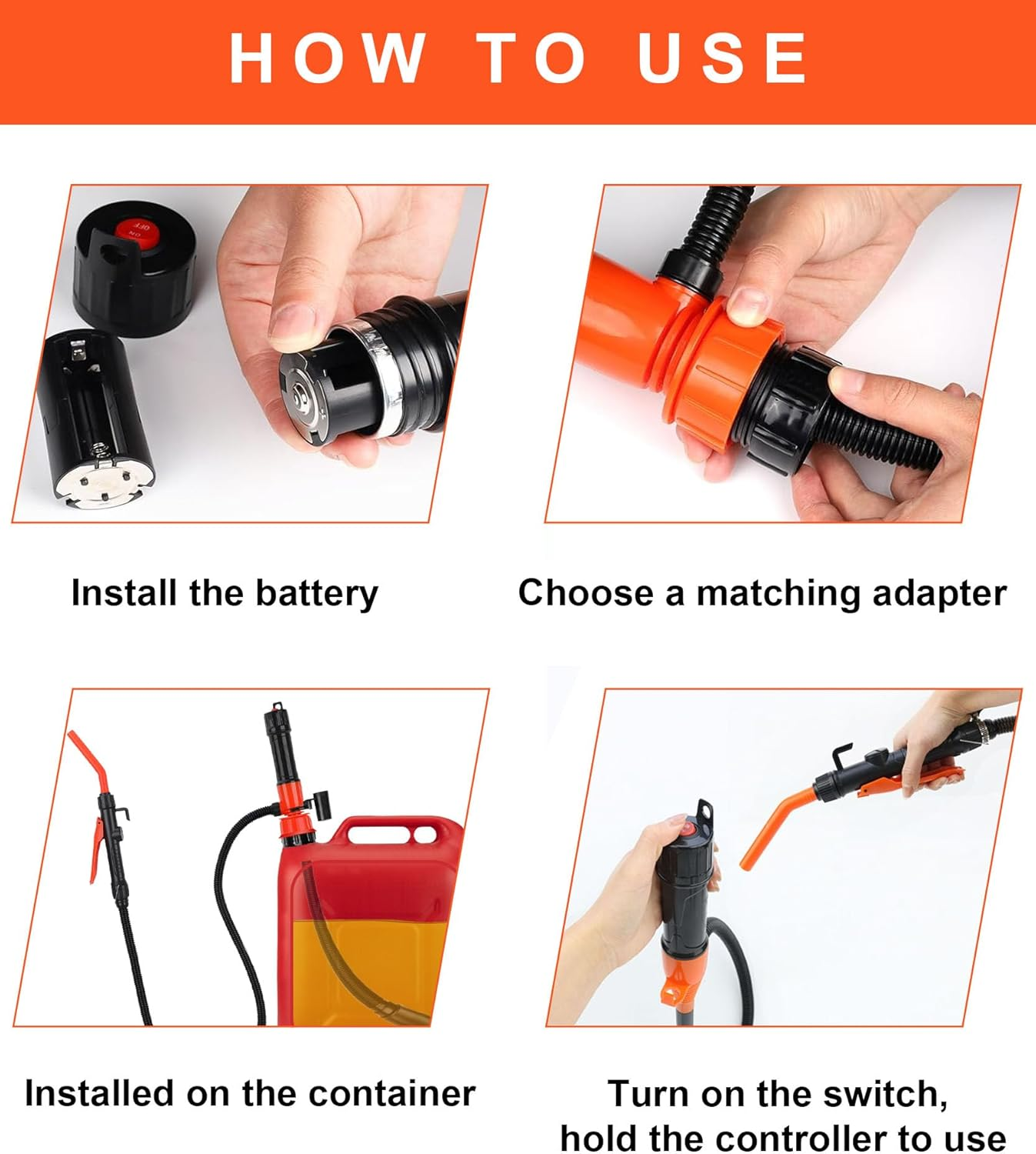 Bestek Battery Powered Gas Can Transfer Pump,2.4 GPM with 3 Adapters,For Cars, Motorcycles, Camping,Electric Siphon Pump for Gasoline, Diesel, Kerosene, Water image number 3