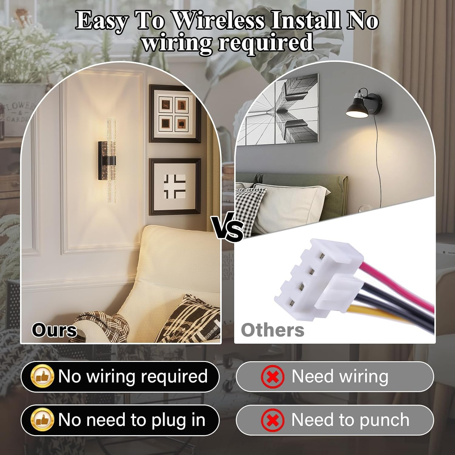 LED Battery Operated Wall Sconce Light Pack of 2, 12000Mah Rechargeable Battery Powered Wall Lighting Indoor Dimmable Wall Lamp Fixtures for Bedroom Living Room (Black) image number 3