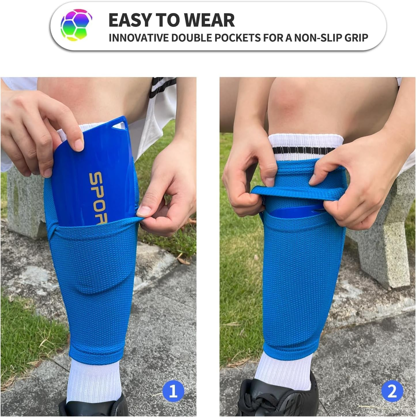 2 Pairs Kids Youth Soccer Shin Guard Sleeves with Optimized Insert Pocket, Shin Pad Compression Sleeves for 3-15 Years Old Boys Girls Child Teens for Soccer Sport image number 6