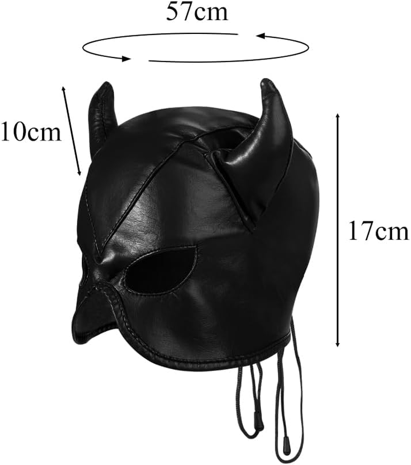 PU Leather Horn Full Cover Hood Mask Opened Mouth Show Eyes Face Mask Adjustable Lace-Up Hood Headgear Halloween Cosplay Fancy Dress Eye Mask Night Club Dress up Costume for Couple Games Carnival image number 2