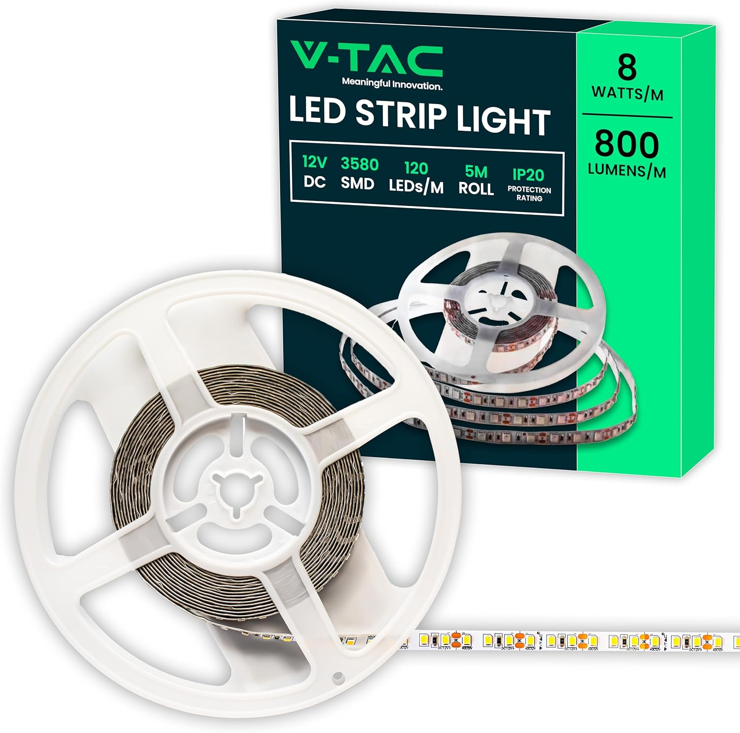 V-TAC SMD 3528 LED Strip 8W 5 Meters Self Adhesive Home Kitchen Bedroom Indoor 800 Lumens Power Supply 12V Cool White 6500K image number 1